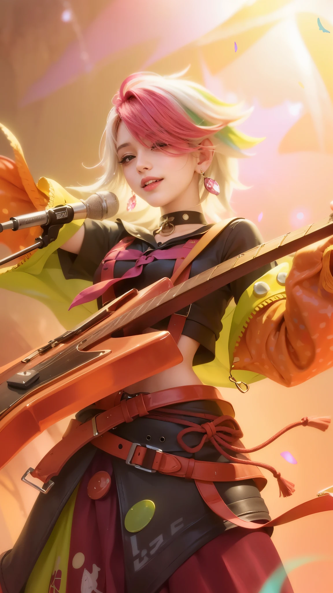 (8k, RAW photo, photorealistic:1.25) ,( lipgloss, eyelashes, gloss-face, glossy skin, best quality, ultra highres, depth of field, chromatic aberration, caustics, Broad lighting, natural shading, looking at viewer with a serene and goddess-like happiness, ultra detailed texture, hyper realistic, detailed texture, detailed face, detailed skin, detailed hair, real hair, detail eyes, detail ear, real ear, cinematic background, a girl with pink hair holding a guitar, smile happy