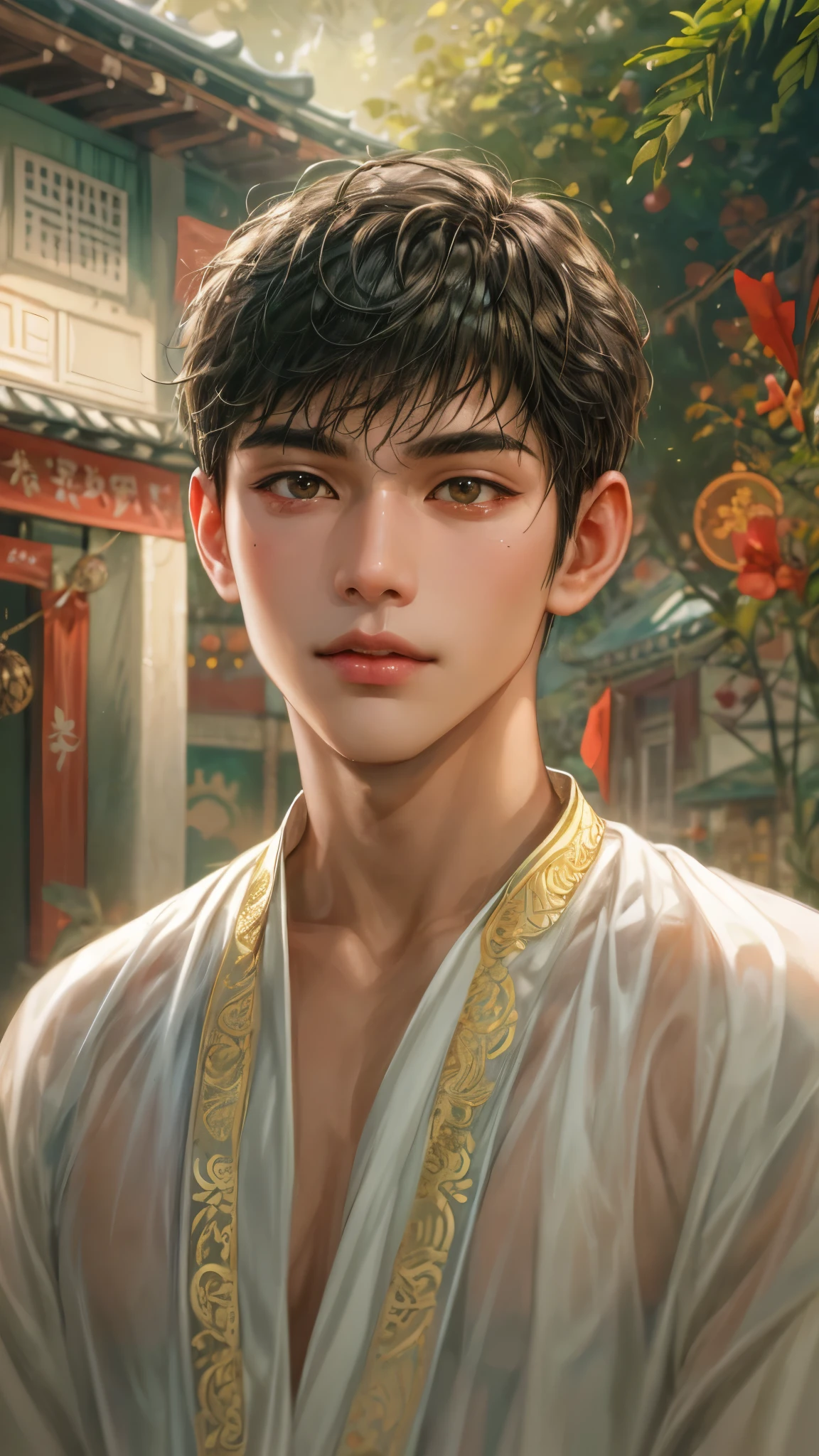(masterpiece,best quality,ultra_detailed,highres,absurdres), close-up , perfect face, handsome boy, shorthair, Philippine ethnic costume, detailed festival in town scenery, scenery of town Philippines style, detailed character