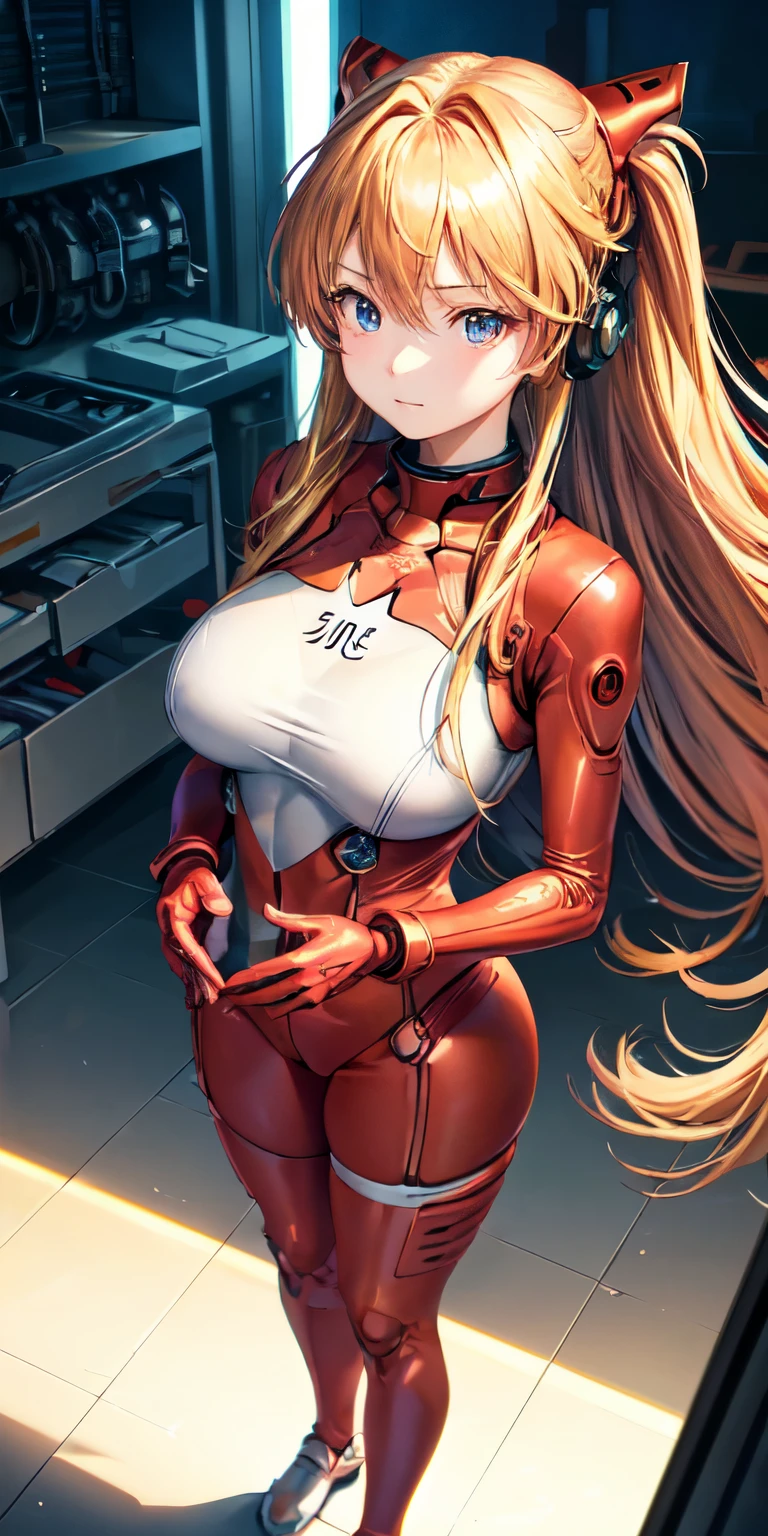 (Overhead view),dynamic angle,ultra-detailed, illustration, close-up, straight on, 1girl, 
 ((souryuu asuka langley, interface headset, red bodysuit:1.4, blonde)),Her eyes shone like dreamy stars,(glowing eyes:1.233),(beautiful and detailed eyes:1.1),(expressionless,closed mouth),(standing), 
(mechanic room with toolsand spaceship windowin a white SPACESHIP),
(night:1.2),dreamy, [[delicate fingers and hands:0.55]::0.85],(detail fingers), exposed breasts and pussy,remove clothing from chest part