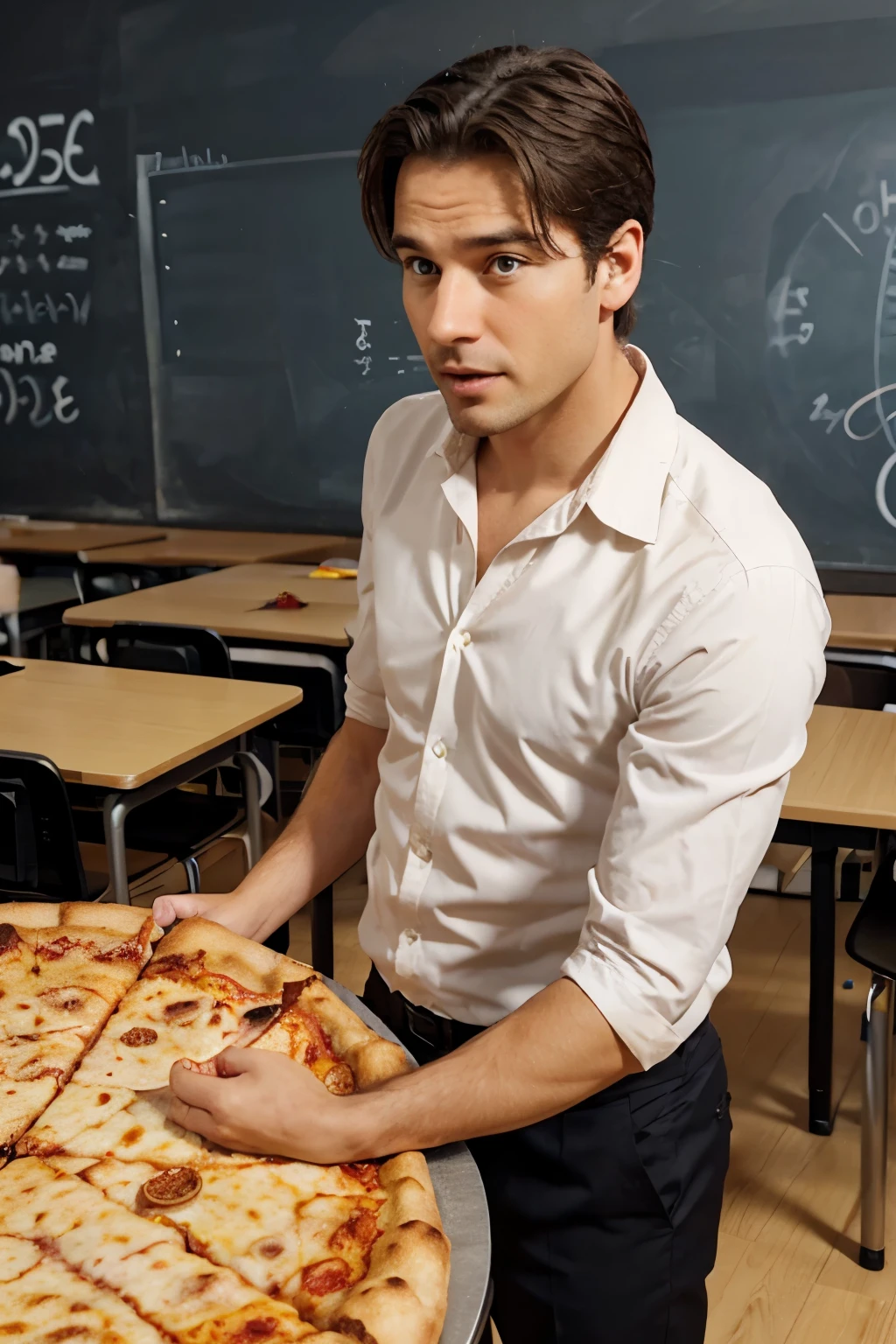 animated image of a male teacher giving a class with a pizza to teach rational numbers