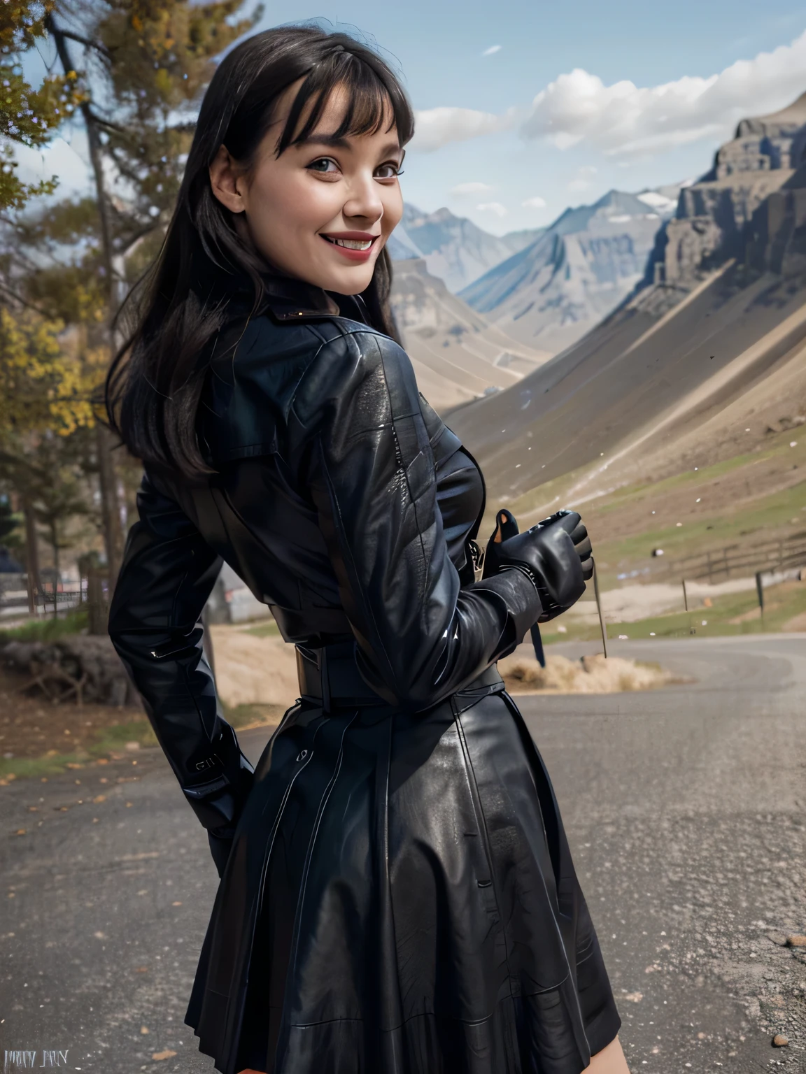 betty page smiling looking girl with and blue eyes and black leather coat gloves and a skirt on the endge of a montain and the photo is taken from up front 4k, 8k iperdetailed