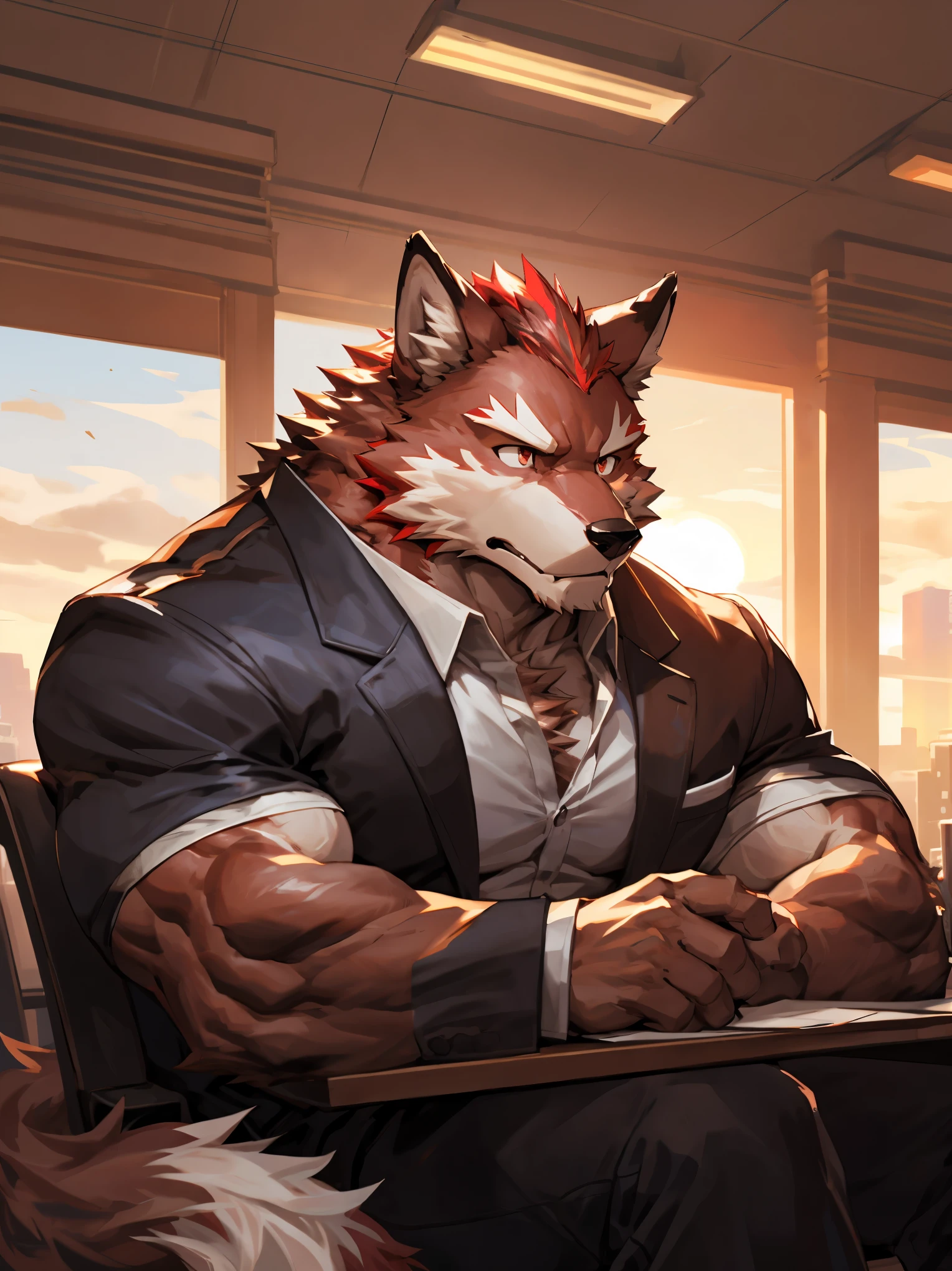 ((half body shot)),dynamic angle,depth of field, motion blur, absurdres, (best quality), (masterpiece), (ultra detailed),(detailed eyes),(sad eyes),niji,anthro male,manly,(red wolf),(muscular),(wolf tail),Work in the office,(sunset),((thinking)),room,(Day),handsome,sit on chair,by null-ghost,by traver009,by pino daeni