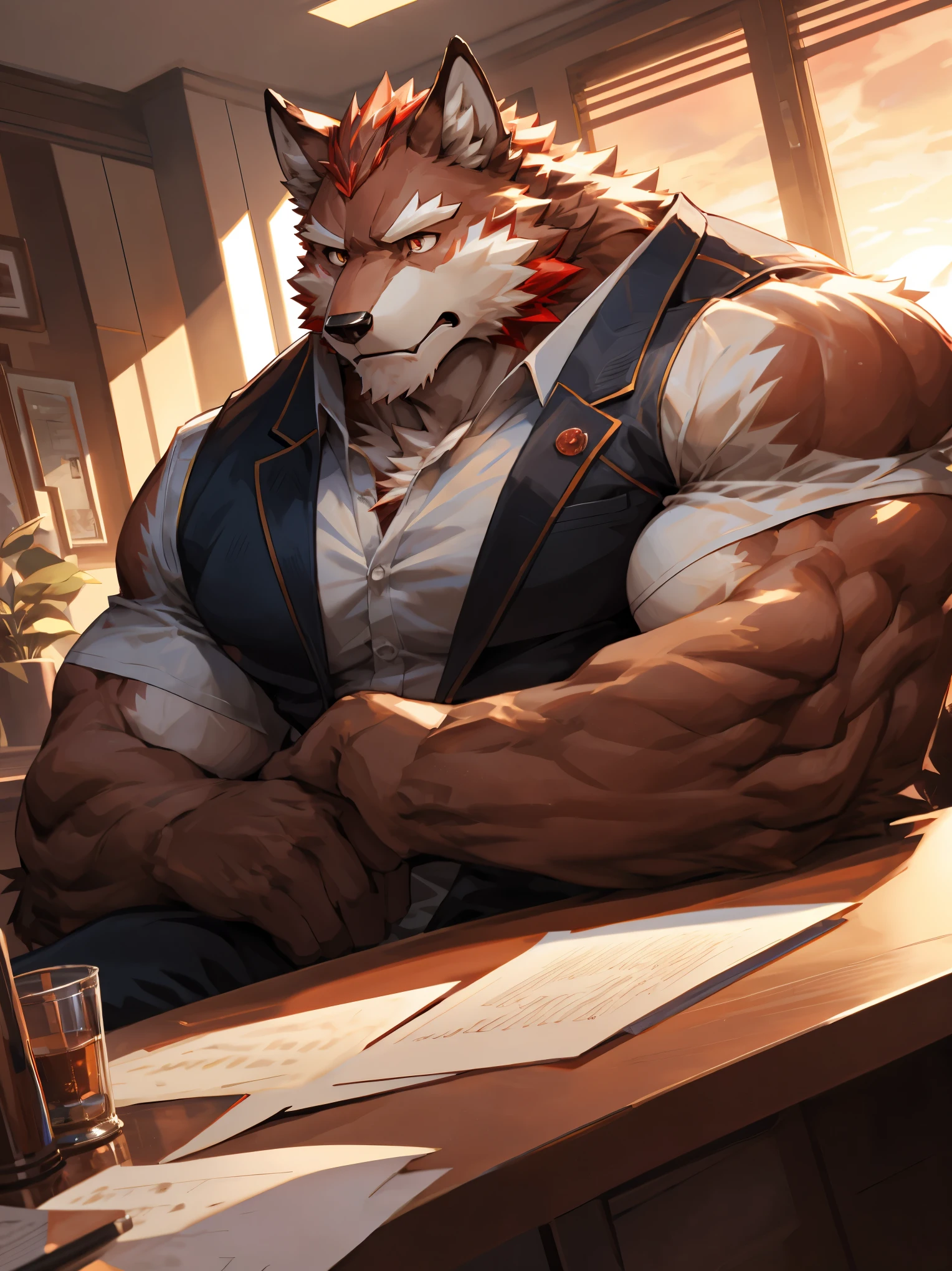 ((half body shot)),dynamic angle,depth of field, motion blur, absurdres, (best quality), (masterpiece), (ultra detailed),(detailed eyes),(sad eyes),niji,anthro male,manly,(red wolf),(muscular),(wolf tail),Work in the office,(sunset),((thinking)),room,(Day),handsome,sit on chair,by null-ghost,by traver009,by pino daeni