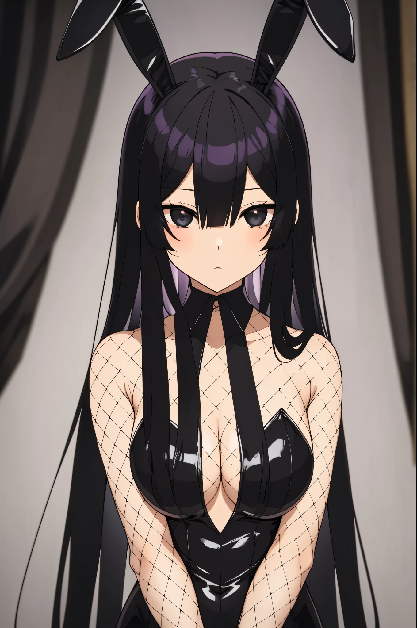 black hair, black eyes,(black bunny suit,bunny ears)
