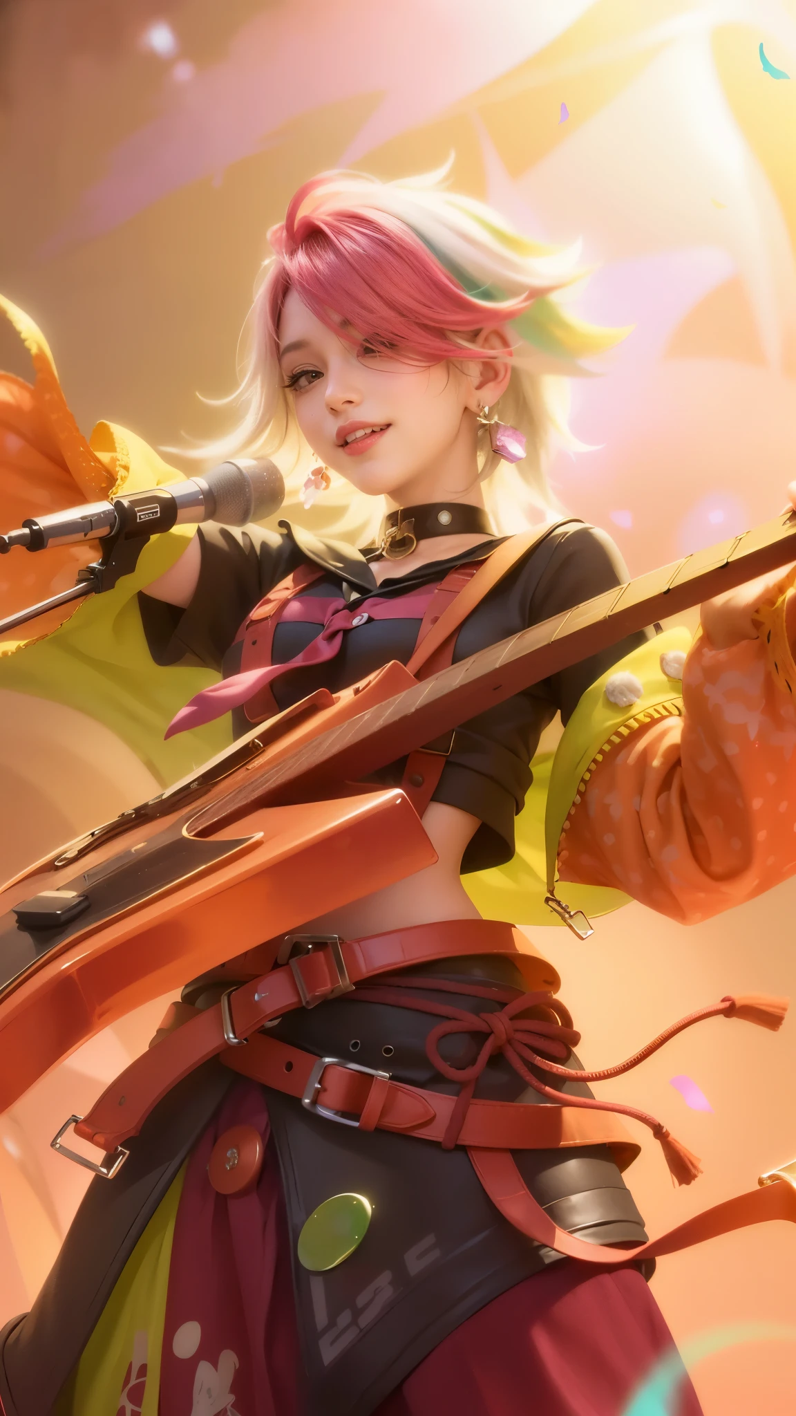 (8k, RAW photo, photorealistic:1.25) ,( lipgloss, eyelashes, gloss-face, glossy skin, best quality, ultra highres, depth of field, chromatic aberration, caustics, Broad lighting, natural shading, looking at viewer with a serene and goddess-like happiness, ultra detailed texture, hyper realistic, detailed texture, detailed face, detailed skin, detailed hair, real hair, detail eyes, detail ear, real ear, cinematic background, a girl with pink hair holding a guitar, smile happy