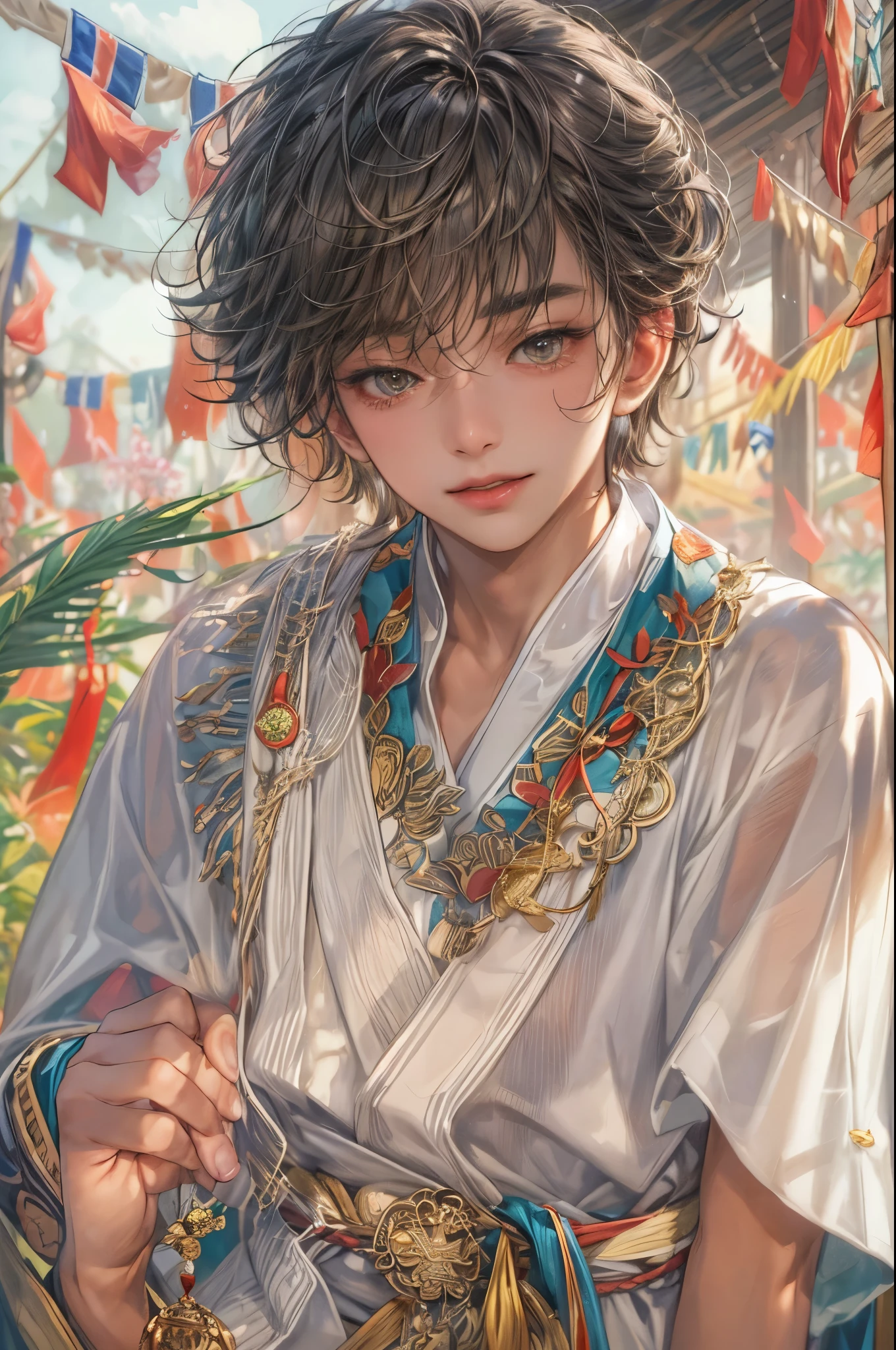 (masterpiece,best quality,ultra_detailed,highres,absurdres), close-up , perfect face, handsome boy, shorthair, Philippine ethnic costume, detailed festival in town scenery, scenery of town Philippines style, detailed character