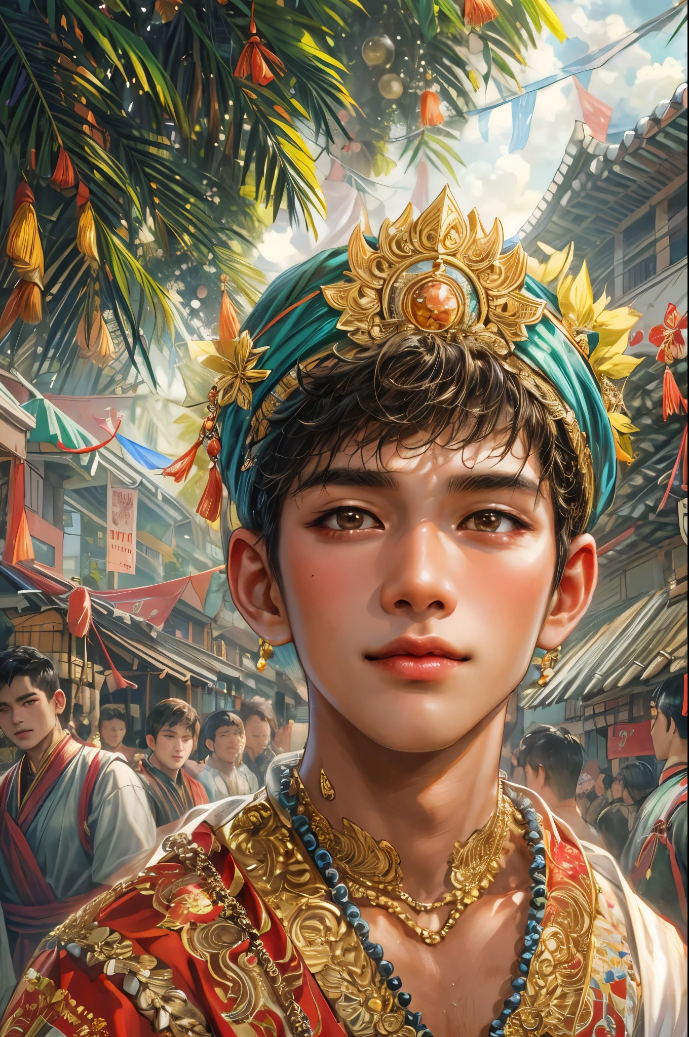 (masterpiece,best quality,ultra_detailed,highres,absurdres), close-up , perfect face, handsome boy, shorthair, Philippine ethnic costume, detailed festival in town scenery, scenery of town Philippines style, detailed character