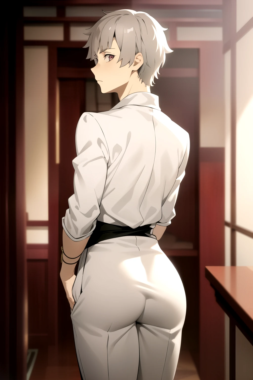 masterpiece, best quality, high quality, 1boy, solo, male focus, looking at viewer, nakajima_atsushi, grey hair, Taisho era, rear view, shows ass, butt