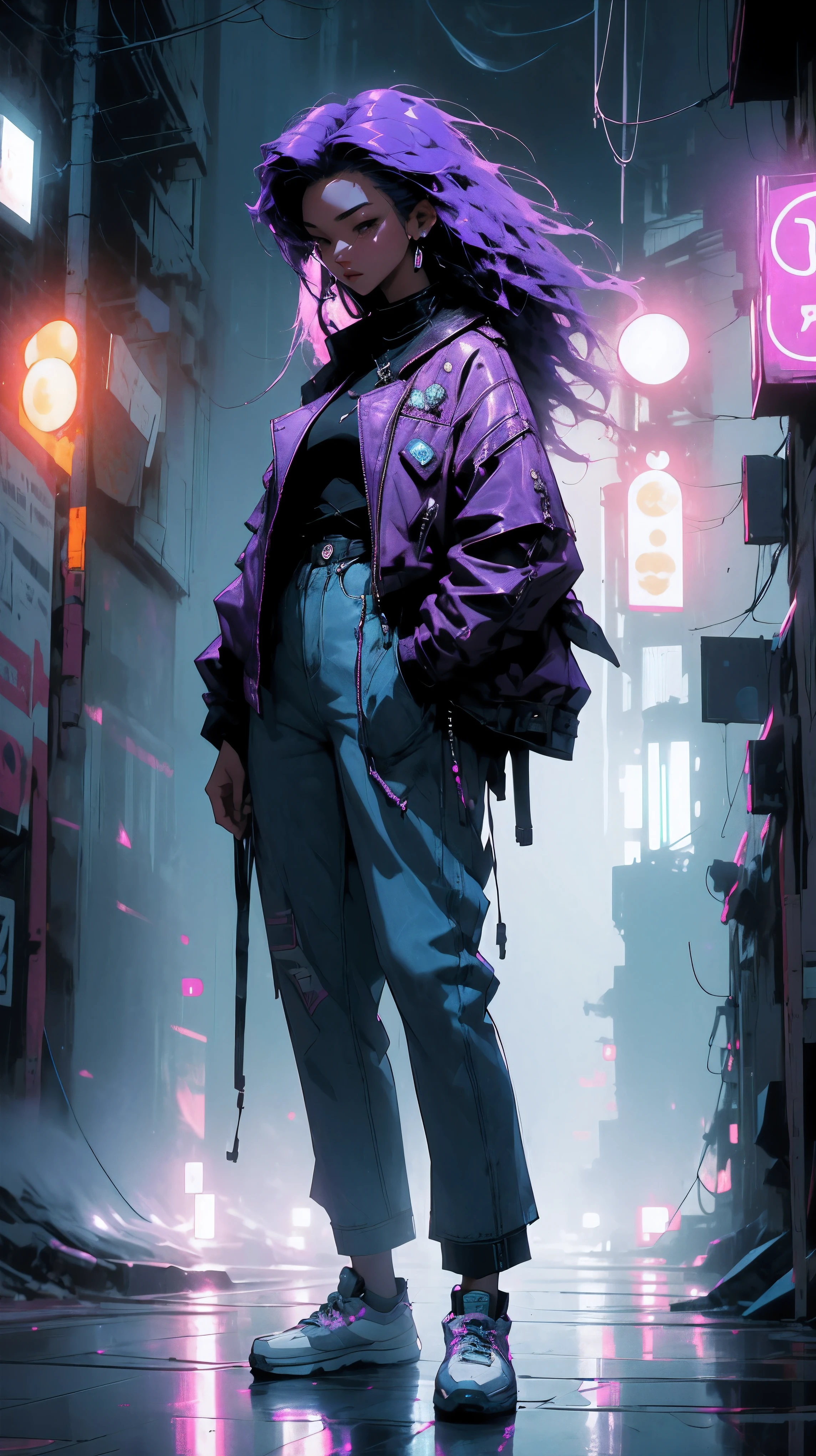 young asian woman, long curly purple hair, light purple hair, black leather jacket, black t-shirt, blue jeans, white sneakers, foggy night asian street, neon blue signs on the buildings around her; misty atmosphere, casting an ethereal glow that illuminates the woman and the surroundings
