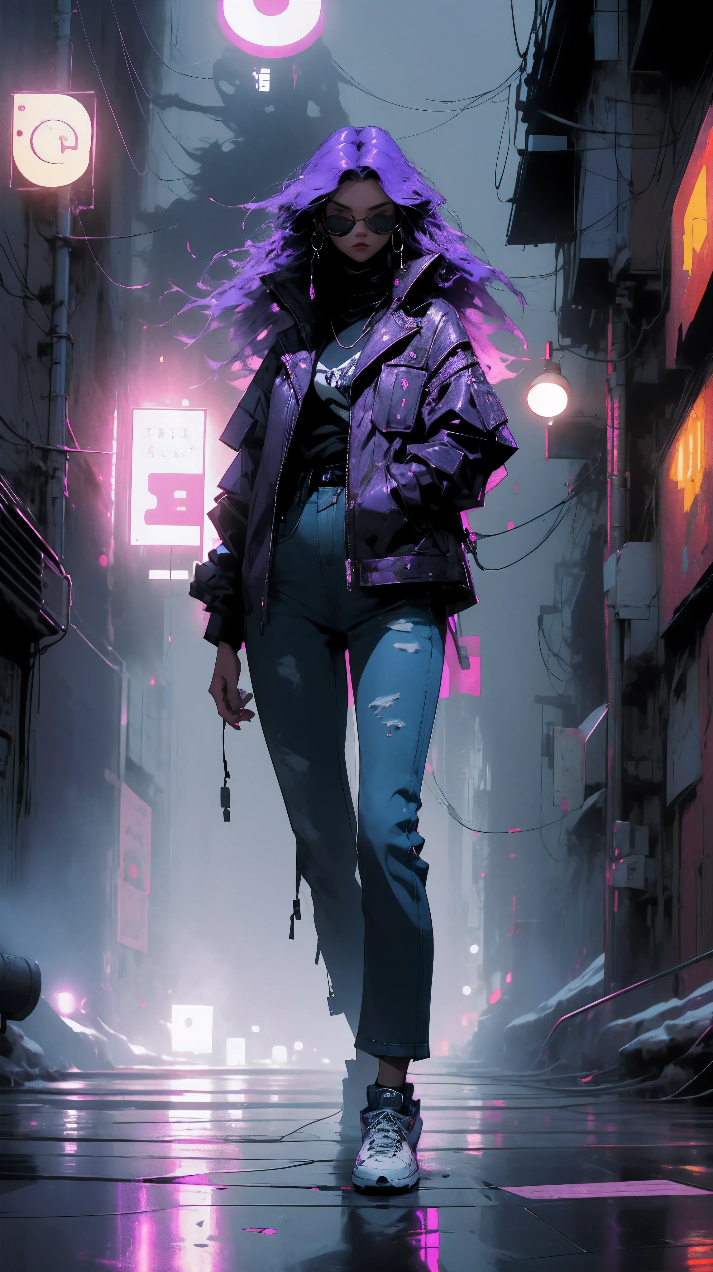 young asian woman, long curly purple hair, light purple hair, black leather jacket, black t-shirt, blue jeans, white sneakers, foggy night asian street, neon blue signs on the buildings around her; misty atmosphere, casting an ethereal glow that illuminates the woman and the surroundings