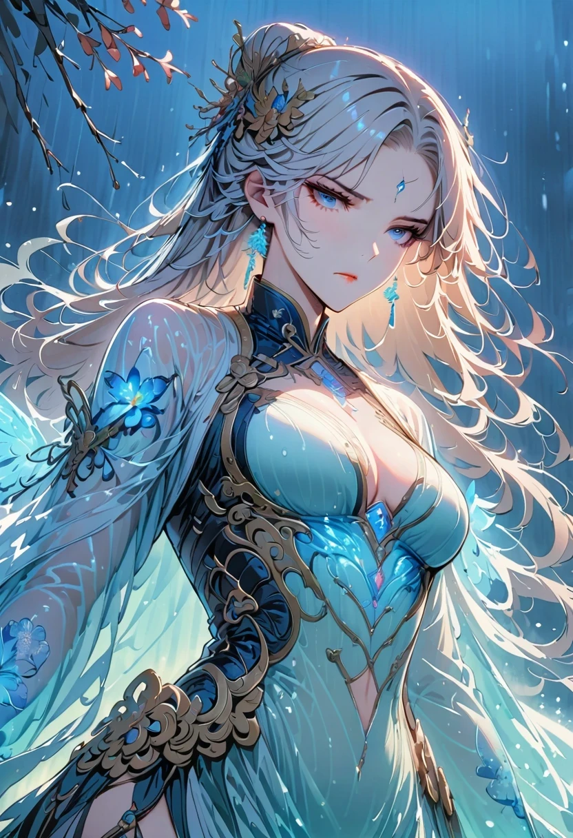 masterpiece, best quality, night, outdoor, rainy days, branch, Chinese style, China, 1 female, mature woman, woman with long silver hair, gray blue eyes, light pink lips, cold, Serious, weak, Bangs, assassin, Short sword, White clothes, Black clothes pattern, Blood stains, Blood, Injuried, Blood on the face, Blood on the clothes, rain, delicate face, delicate face,
