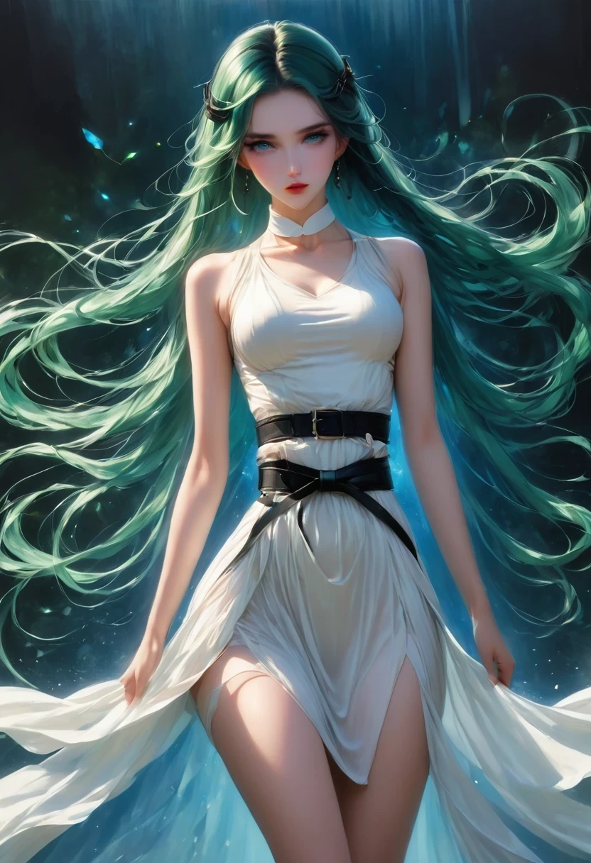 Innocence, dark green hair, Double tail, Put your arms behind your back, white dress, black belt, a girl,blue eyes,