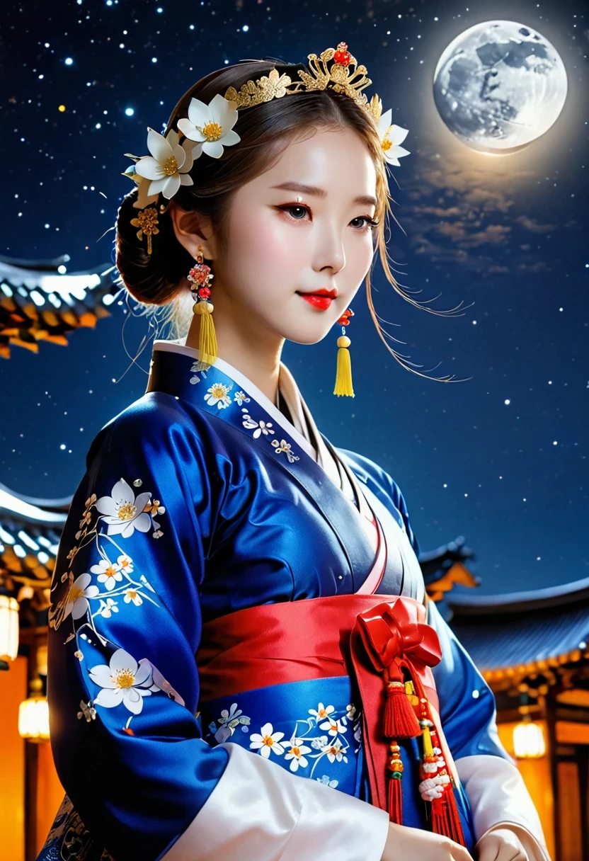 best quality, High_solve, clearly_image, Detailed background ,girl, Hanbok,flower,flower garden,moon, night,Dutch Cape, Wide-angle lens, crown,