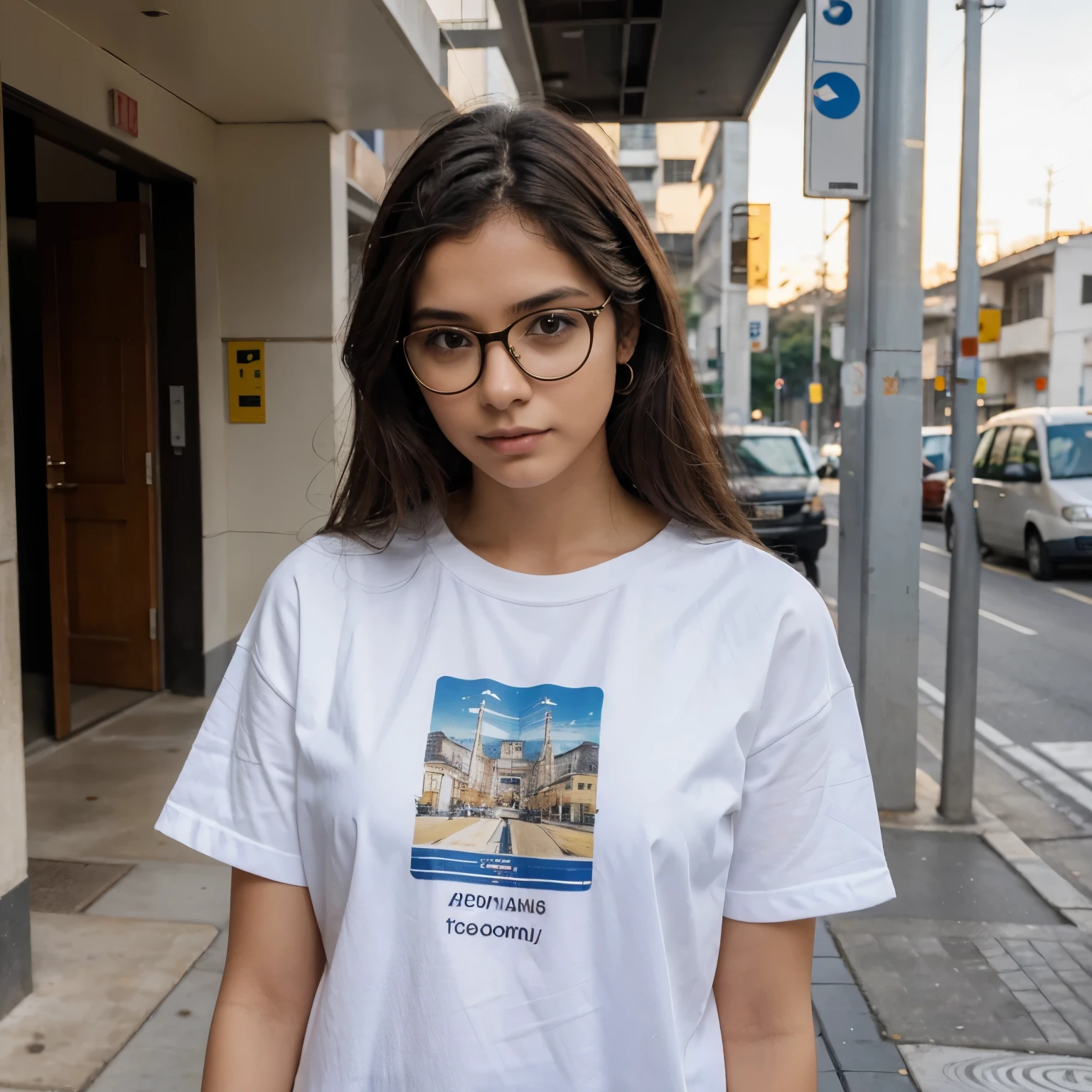 Crie a melhor arte, the best possible repayment, de uma estudante de direito, morena, cabelo liso, wears white and gold prescription glasses, com uma roupa social