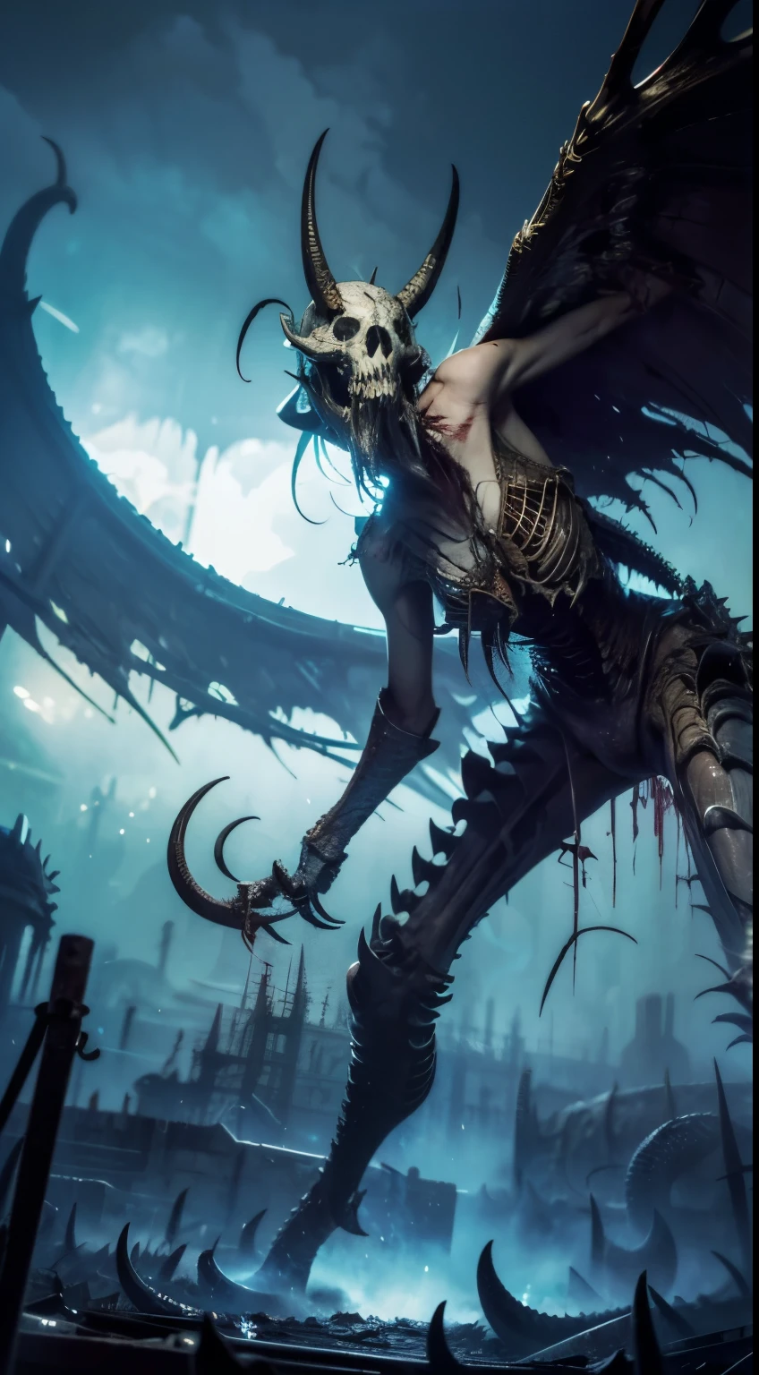 （Messenger from hell：1.4），look up from below，hell，magma，inflammation，(Strong pressure sensation 1.4)，（紫のinflammation：1.3），fresh blood on the ground，Blood Pond，dripping blood，skeleton remains，（（Super huge, thick and sharp huge claws）），（（（Black antique terrifying scales））），（（（Scales are covered with thick spines）））（（very thick and scary scales）），Black scales cover the whole body，（（bloodthirsty brutal demon man）），Fight，ugly face，Angel Hi-Lo，Black lightning streaked across the sky，（（（A thick sea of clouds swirls beneath your feet...））），（there was blood everywhere），（（Blood dripped from between the legs））stereopsis，works of masters，super fine，4K resolution，high quality，light，High quality image details，detailed pubic hair，epic shooting