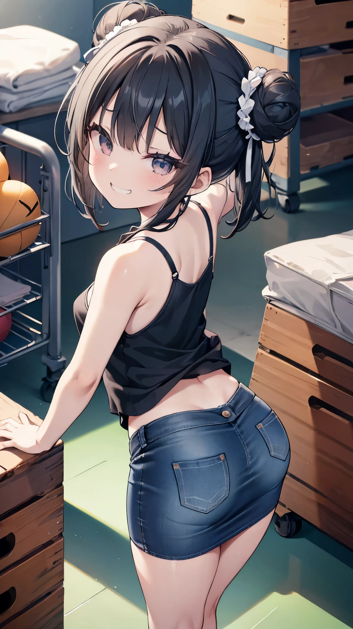 (8K、Highest image quality、highest quality、masterpiece)、detailed face、((one ****))、black hair、double bun、gray eyes、evil smile、((grin))、small breasts、((black camisole))、((denim pencil skirt))、((miniskirt))、cowboy shot、((bent over:1.3))、turn your back、look back、Take a photo from behind、touch the flying box、turn your butt、Gym storeroom
