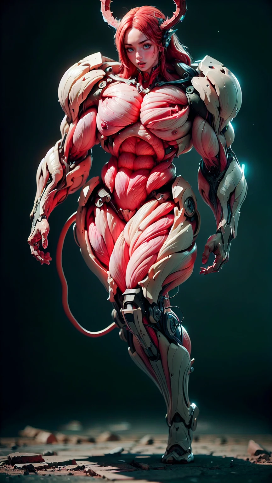 Cinematic, clear facial features and insanely detailed, the image captures the essence of (1 girl), (megan fox:1.25), (long red hair), (carnage skinless bio-mecha:1.25), (1 super muscular undead skinless succubus with gigantic horns:1.25), (covered in red necrotic skinless bio-mecha muscle:1.25), (exposed muscles & veins everywhere:1.25), (perfect fingers:1.25) (full body pose:1.25). The color grading is beautifully done, enhancing the overall cinematic feel. Unreal Engine makes her appearance even more mesmerizing. With depth of field (DOF), every detail is focused and accentuated, drawing attention to her eyes and hair. Peak image resolution utilizing super-resolution technology ensures pixel perfection. Cinematic lighting enhances her aura, while anti-aliasing techniques like FXAA and TXAA keep the edges smooth and clean. Adding realism to the muscular bio-mecha succubus , RTX technology enables ray tracing. Additionally, SSAO (Screen Space Ambient Occlusion) gives depth and realism to the scene, the girl's presence even more convincing. In the post-processing and post-production stages, tone mapping enhances the colors, creating a captivating visual experience. The integration of CGI (Computer-Generated Imagery) and VFX (Visual Effects brings out her demonic features seamlessly . Incredible level of detail, with intricate elements meticulously crafted, the artwork hyper maximalist and hyper-realistic. Volumetric effects add depth and dimension, with unparalleled photorealism. 8k resolution rendering ensures super detailed visuals. The volumetric lighting adds a touch of magic, highlighting her beauty and aura in an otherworldly way. High Dynamic Range (HDR) tech makes the colors pop, adding richness to the overall composition. Ultimately, this artwork presents an unreal, yet stunningly real portrayal of an incredibly beautiful bio-mecha succubus girl. The sharp focus ensures that every feature is crisply defined, creating a captivating presence. (girl face:1.45)