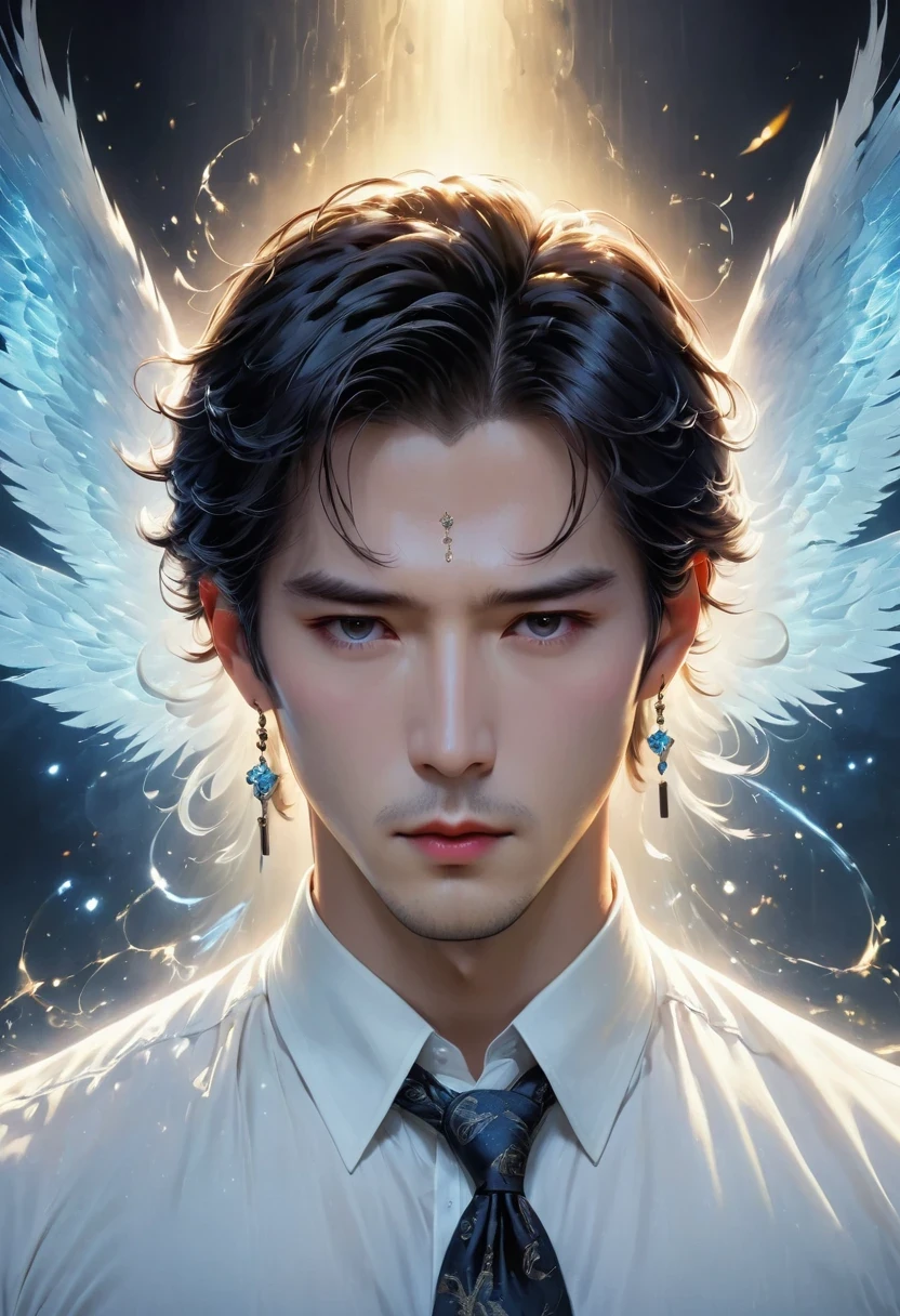 Official Art, unified 8k wallpaper, super detailed, fair, fair, masterpiece, best quality, White shirt, dark, atmosphere, mystery, crawl, literature, Art, Fashion, decorate, complex, emotional depth, supernatural,, 1 person, alone, male, (Korean idol face, sharp eyeliner)