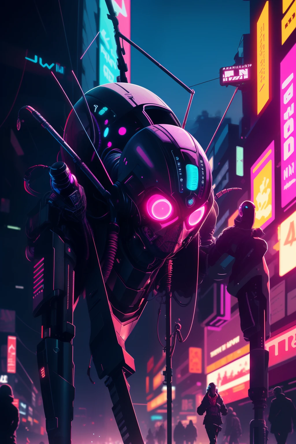 a spider with glowing eyes and legs in a city at night, estilo de arte cyberpunk, sintetizador cyberpunk, sintetizador dark cyberpunk, arte com tema cyberpunk, arte synthwave, dark synthetic wave, beeple-style hybrid mix, arte synthwave style, estilo de arte cyberpunk, deep cyberpunk mechanoid, cyberpunk detailed illustration, advanced digital cyberpunk art, arte synthwave style ]!!