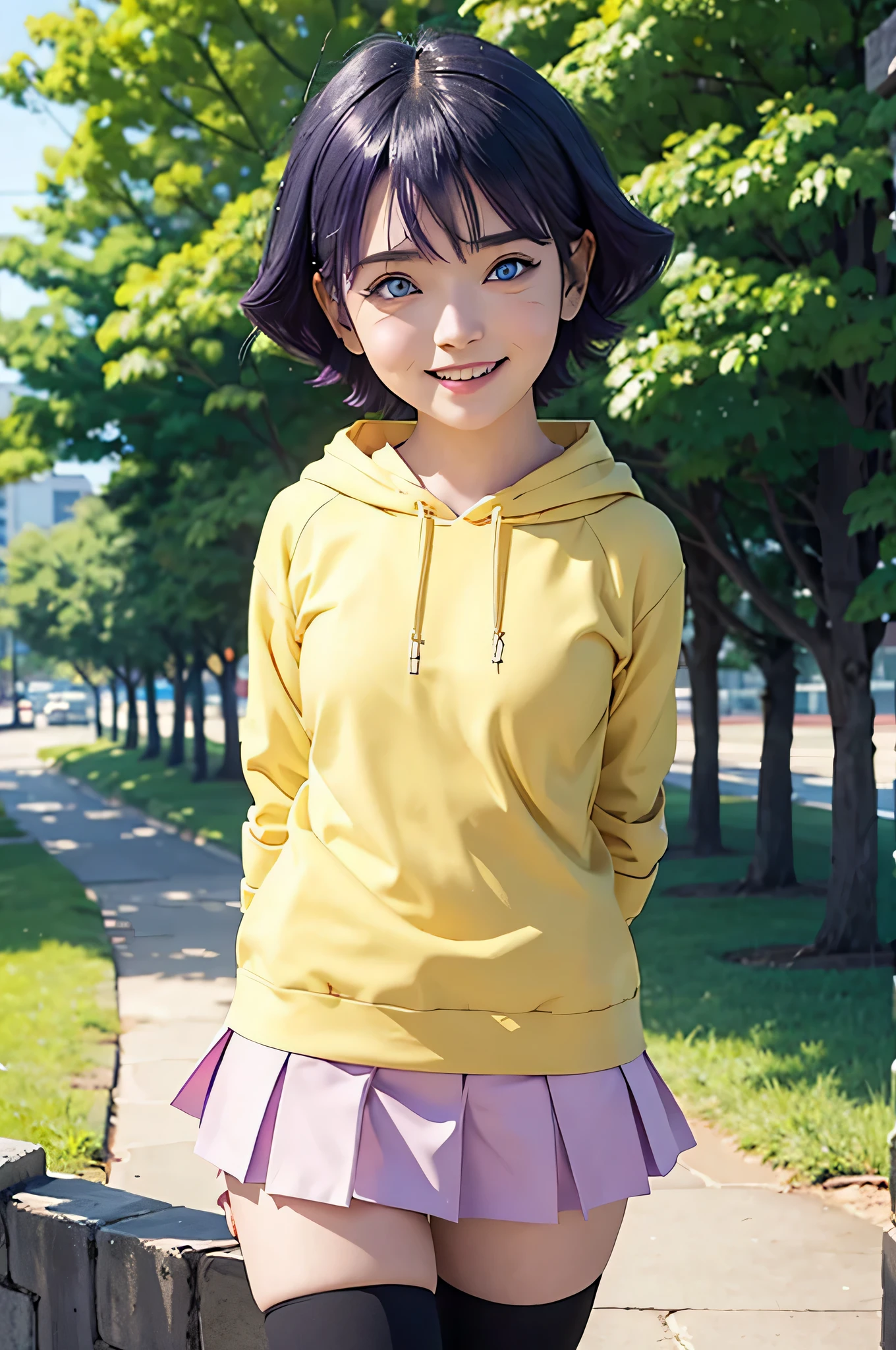 1girl, himawari anime naruto shipudden, short hair , purple hair, blue eyes, beautiful, Yellow clothes , smile, realistic clothes, detail clothes, city background, ultra detail, realistic