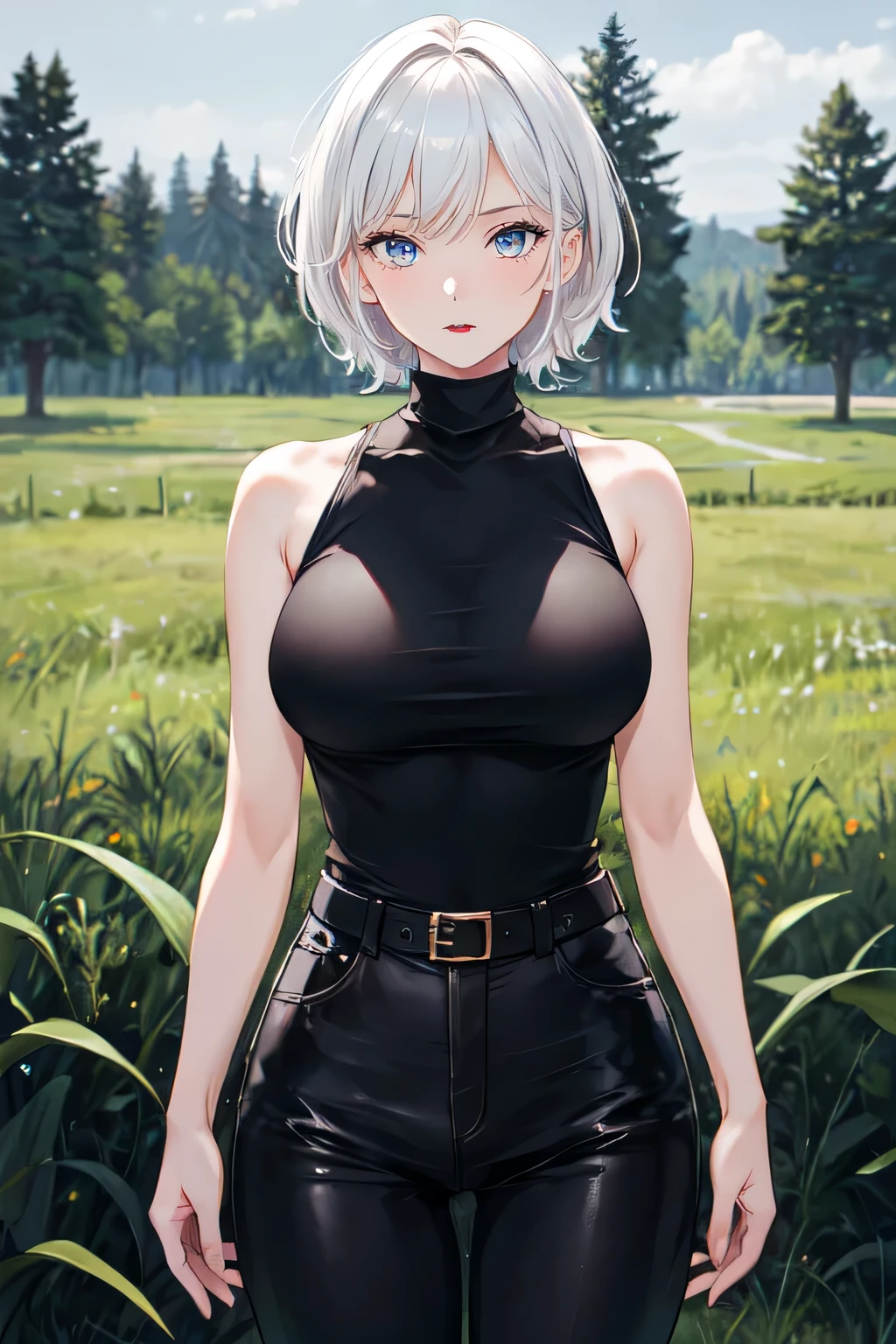 1girl, mature woman, white hair, short hair, black shirt, turtleneck, bare shoulders, sleeveless turtleneck, black pants, night, dark, grass field, masterpiece, best quality, highres, high details, 8k
