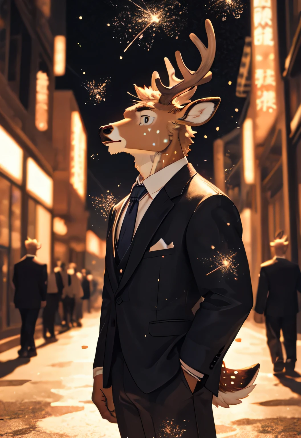 solo, kemono, (deer), anthro, male, ((orange body)), scales, skinny, handsome, suit and tie, work pants, outdoors, outside, standing, depth of field, perfect lighting, (light particles),(best quality),(masterpiece),(ultra detailed),sharp focus,light particles