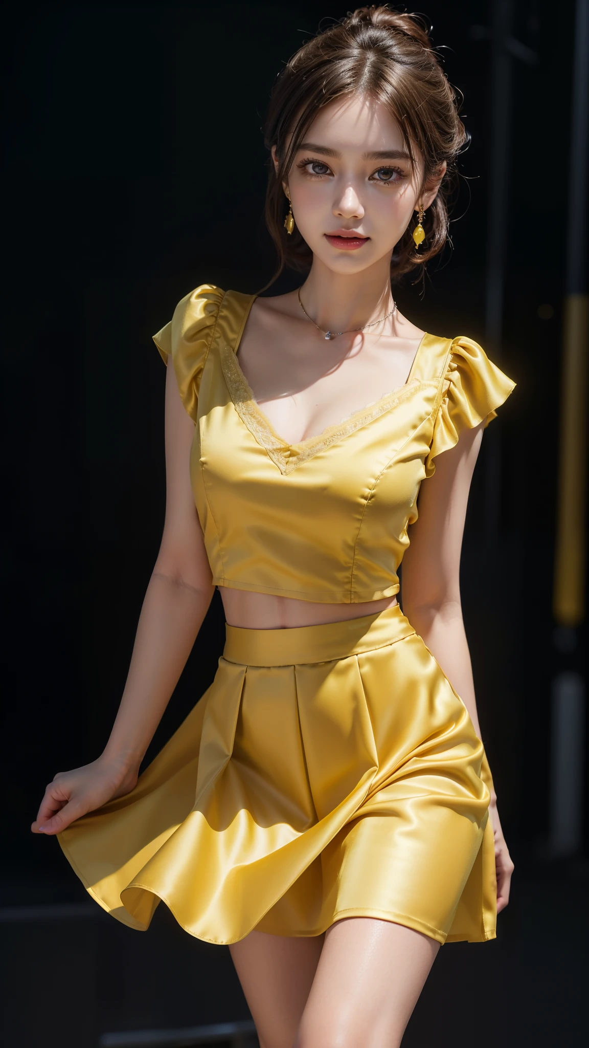 8k, masterpiece, RAW photo, best quality, photorealistic, extremely detailed CG unity 8k wallpaper, Depth of field, Cinematic Light, Lens Flare, Ray tracing, (extremely beautiful face, beautiful lips, beautiful eyes), intricate detail face, ((ultra detailed skin)) 1girl, in the dark, deep shadow, pretty Asian girl, idol, 1 girl, (very slim slender fit-muscled body:1.3), ((looking at viewer)),(big smile:1.3), (tight satin yellow laced blouse), ((satin yellow color blouse)), (short sleeve) , (city night, dark night, (neon sign), (blurred background), dim lights, cityscape, rooftops, beautiful earrings, bracelets, necklace, pantyhose, clear eyes, (pale skin), (big eyes), face forward, ((upper body shot)), (silk satin yellow color above knee length skirt), (brown hairs),((satin yellow laced skirt)), (looking at viewer:1.3), (very slim), Breast, super round big breasts under the dress, ((flooming laced)), updo hair, mini skirt, short hair, short skirt
