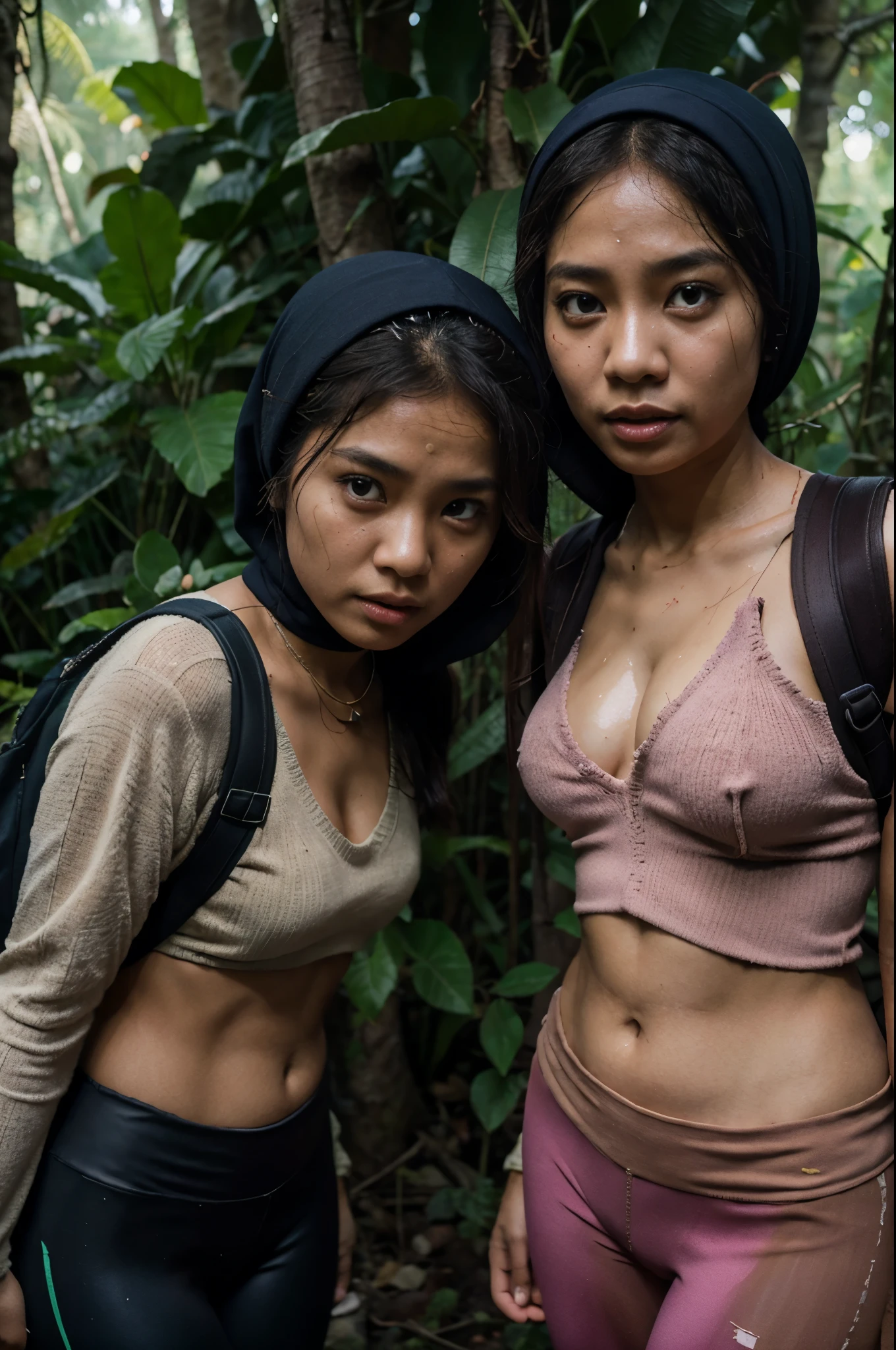 Two malay girl in hijab lost in fantasy jungle, beautiful face, nude body, carry backpack, hiking, torn outfit, ripped outfit, wear sweater and tight pink leggings, scared face, scared expression and body language, sweating, cinematic lighting, professional photography, ultra realistic face, bright cinematic lighting,