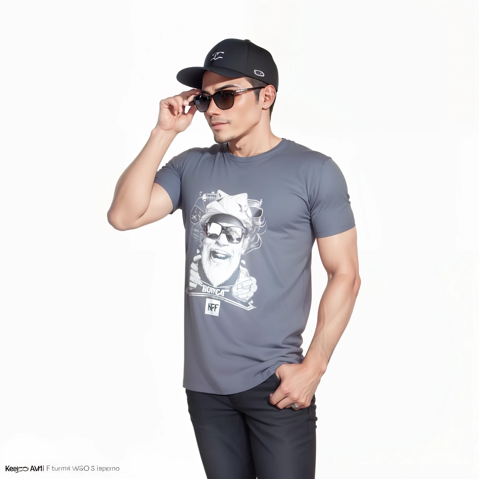 sharp man wearing hat and sunglasses standing with hand on glasses, com estilo pop punk, foto oficial do produto, imagem oficial do produto, graphic t-shirts, (fj, musica ), parecendo muito legal e estiloso, Manga curta, fumary, em camiseta, Kenny Wong x Pop Mart, desenho de camiseta, with sunglasses, estilo de roupa casual, sorriso alegre, queixo pequeno
