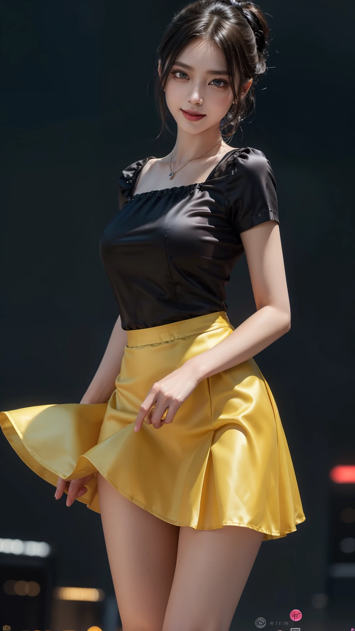 8k, masterpiece, RAW photo, best quality, photorealistic, extremely detailed CG unity 8k wallpaper, Depth of field, Cinematic Light, Lens Flare, Ray tracing, (extremely beautiful face, beautiful lips, beautiful eyes), intricate detail face, ((ultra detailed skin)) 1girl, in the dark, deep shadow, pretty Asian girl, idol, 1 girl, (very slim slender fit-muscled body:1.3), ((looking at viewer)),((big smile:1.3)), (tight satin yellow laced blouse), ((satin yellow color blouse)), (short sleeve) , (city night, dark night, (neon sign), (blurred background), dim lights, cityscape, rooftops, beautiful earrings, bracelets, necklace, pantyhose, clear eyes, (pale skin), (big eyes), face forward, ((upper body shot)), (silky satin yellow color above knee length skirt), (Black hairs),((satin silky yellow laced skirt)), (looking at viewer:1.3), (very slim), Breast, super round big breasts under the dress, ((flooming laced)), updo hair, mini skirt, short hair, short skirt, 4 Different types poses, Cinematic photography, Sexy angles, medium butt,