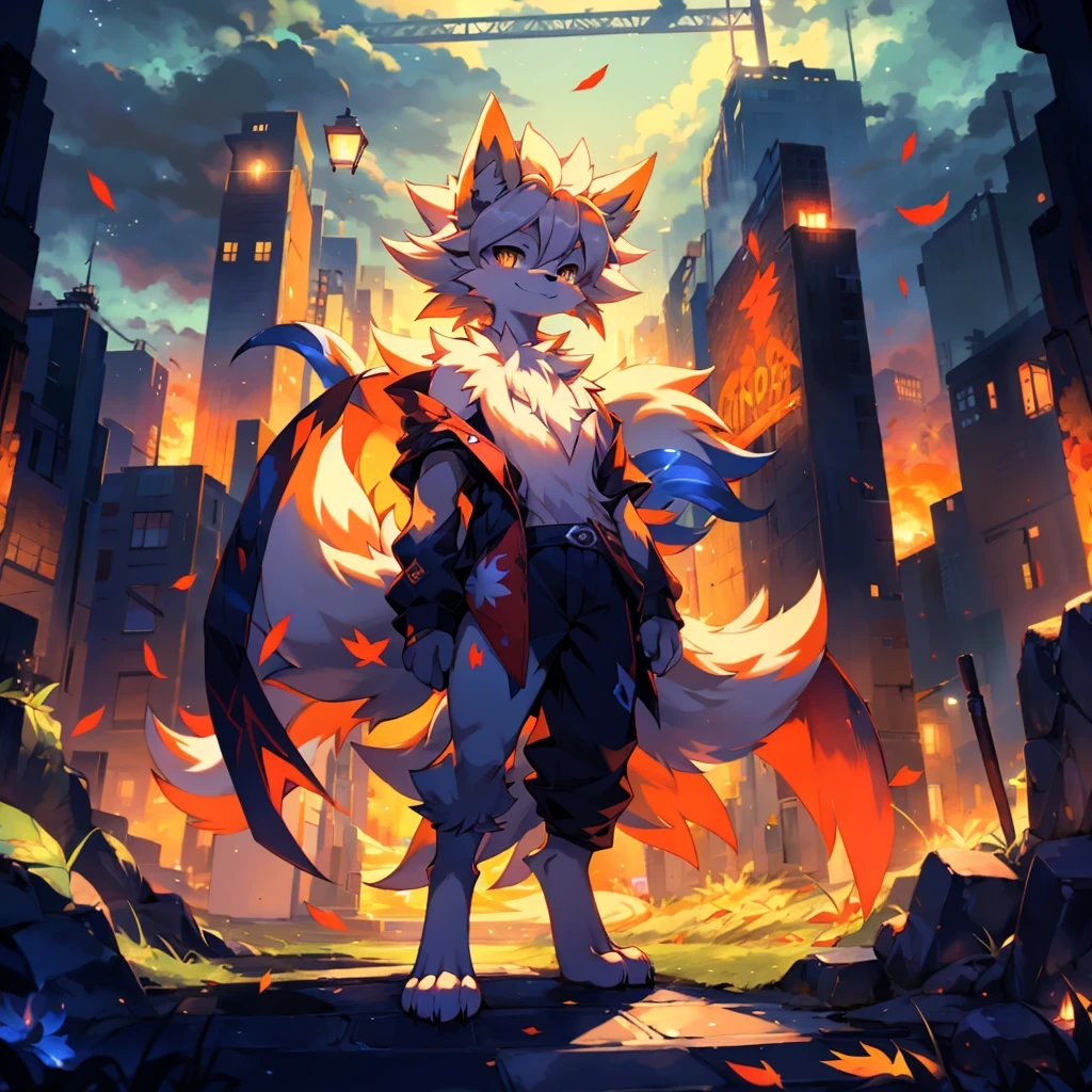 high-quality portrait, Highest definition, dramatic lighting, intricate details, sharp focus, a Ninetales, boy, ((Fake smile))), holding a pokeball, ((( \(parfect anatomy\)))), maple leaf, 9 tails, fluffy mane, golden eyes, short hair, fallen leaf（solo), Full body like, full moon, Modern City, ghost, blue flame, fox fire, night, digitigrade, Standing posture, Pokémon, multi tail, Urban streets, solo, Pokémon Ninetales, Pokémon world, Masterpiece, 16k