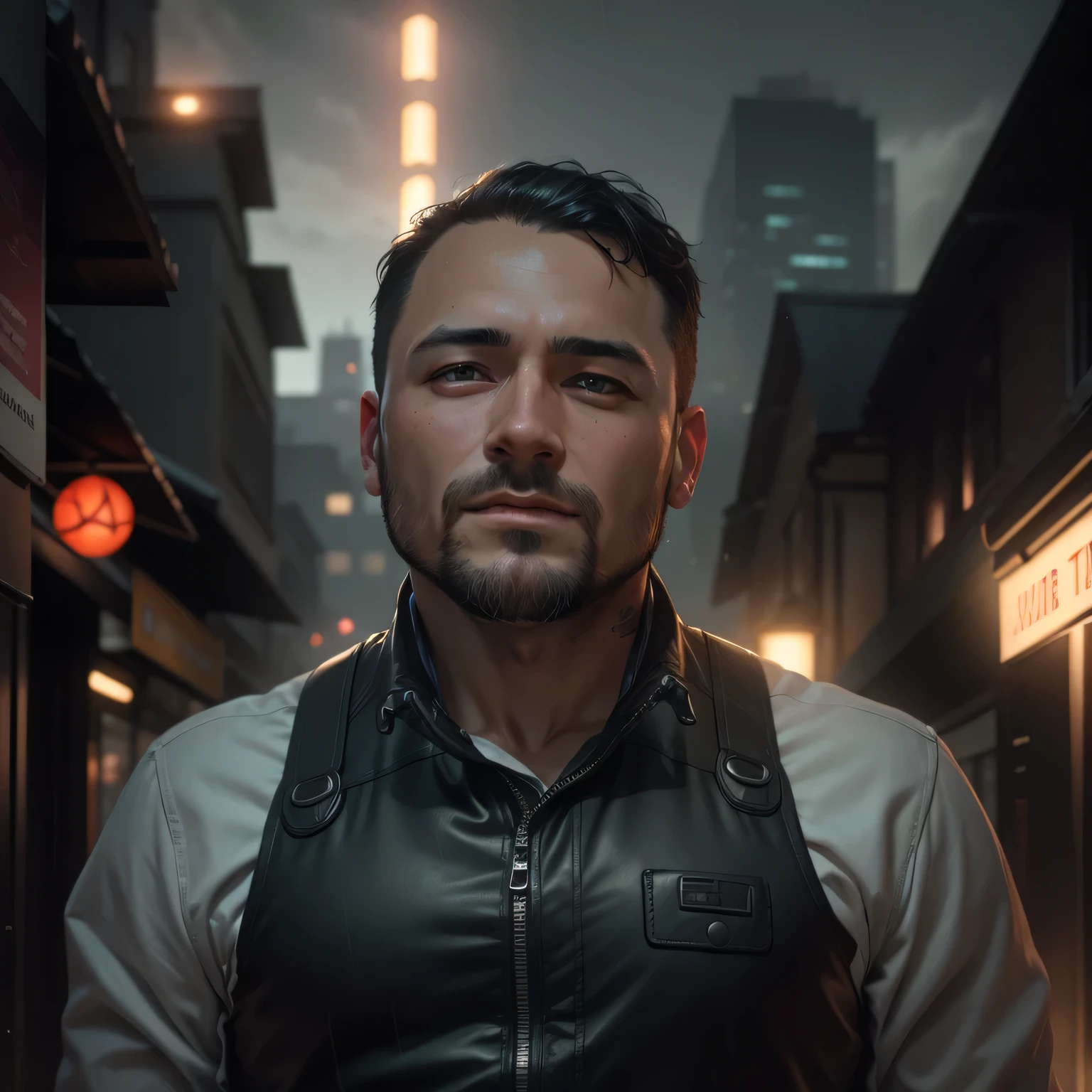 ultra detail, high resolution, ultra detailed, best quality, amazing, top quality, extremely detailed, 8k wallpaper, rain cloudy night, cyberpunk, dark boy, wear armor, multicolor scheme, high key lighting, volumetric light, digital art, highly detailed, fine detail, intricate, ornate, complex, octane render, unreal engine, photorealistic