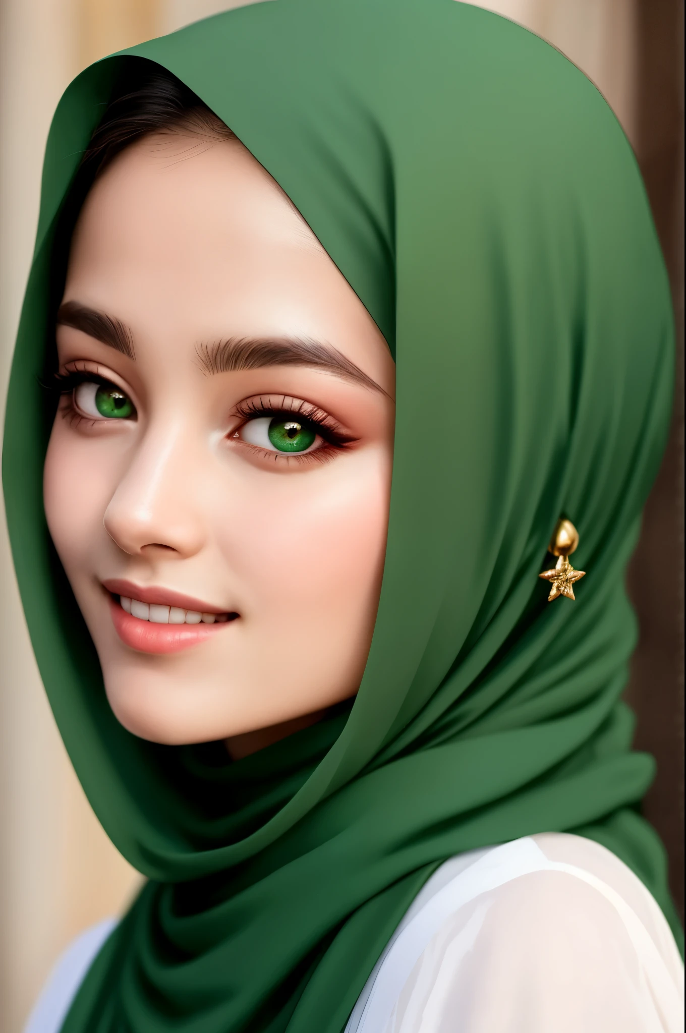 (best quality), (photo-realistic:1.2),realistic skin texture, beautiful European lady,Cute European ,Double eyelid, bangs, red bobcut,green eyes, wearing hijab, Thin,(figure),slim,smile, earrings, looking at viewer,face focus, depth of field,wearing islamic uniform 