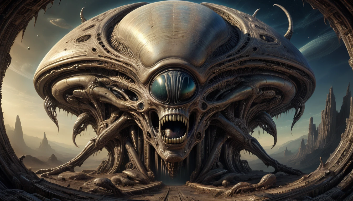 Alien Landscape, by Ralph McQuarrie, (masterpiece, best quality, perfect composition, very aesthetic, absurdres, ultra-detailed, intricate details, Professional, official art, Representative work:1.3)