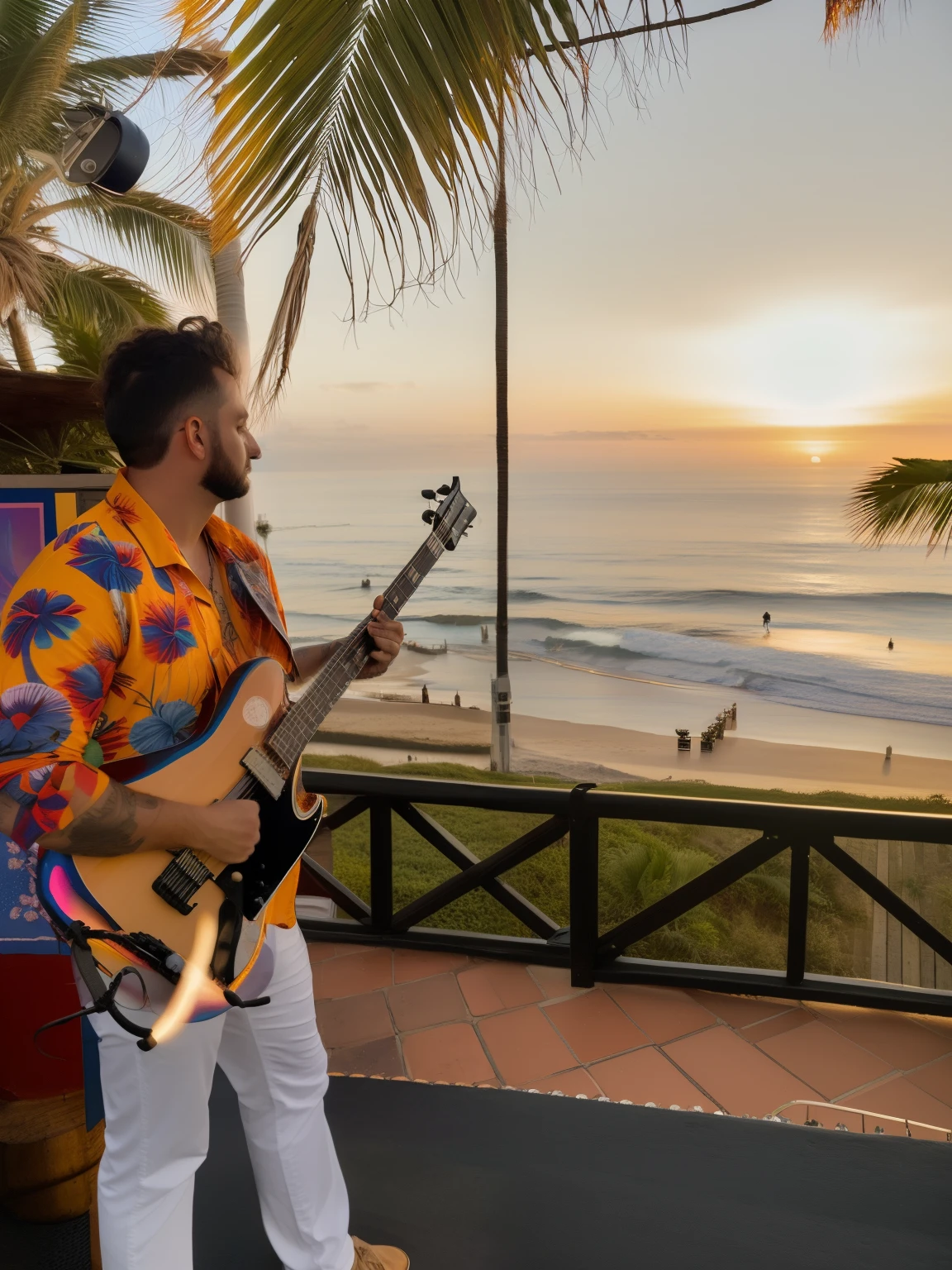 Hay un hombre que toca una guitarra en el escenario., music that plays, en un entorno frente a la playa, mientras el sol se pone en el horizonte, paradise in the background, el guitarrista, album, al atardecer, en la puesta de sol, the ocean in the background, ocean in the background, ambiente nocturno, rockeando, album art, album photo