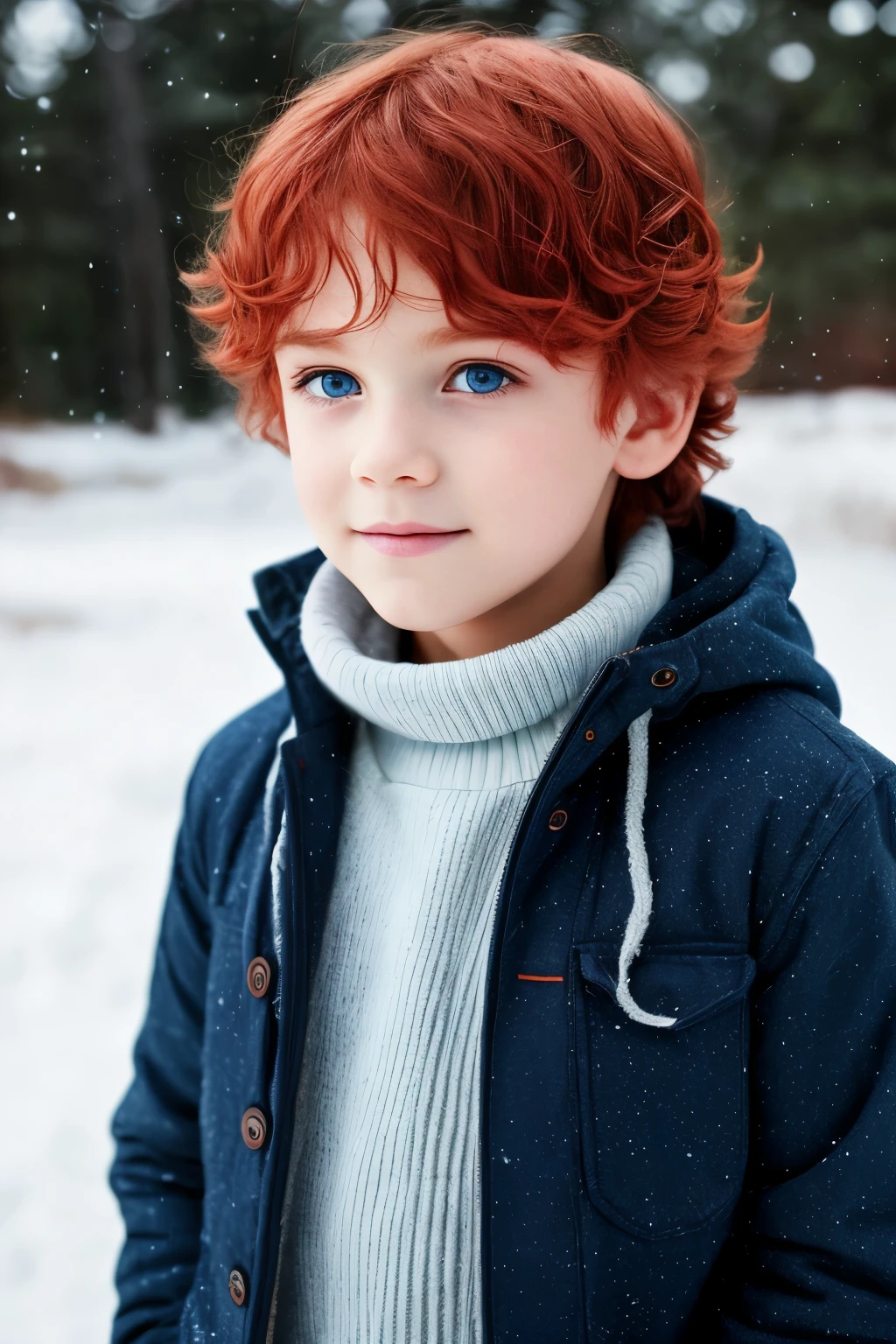 Close-up of a charming boy, 8 years semi-curly, vivid red hair and captivating blue eyes. Dressed in pristine blue clothing, he is surrounded by the serene beauty of a snowy landscape. The scene is captured in exquisite detail with cinematic light and soft side lighting, highlighting every intricate detail in RAW format. The snowflakes cling to his lashes and red hair, creating a dreamlike scene. The image possesses photorealistic qualities with intricate textures and sharp focus, while maintaining a cinematic, hyper-realistic look with soft, muted tones. The image conveys a sense of pure joy