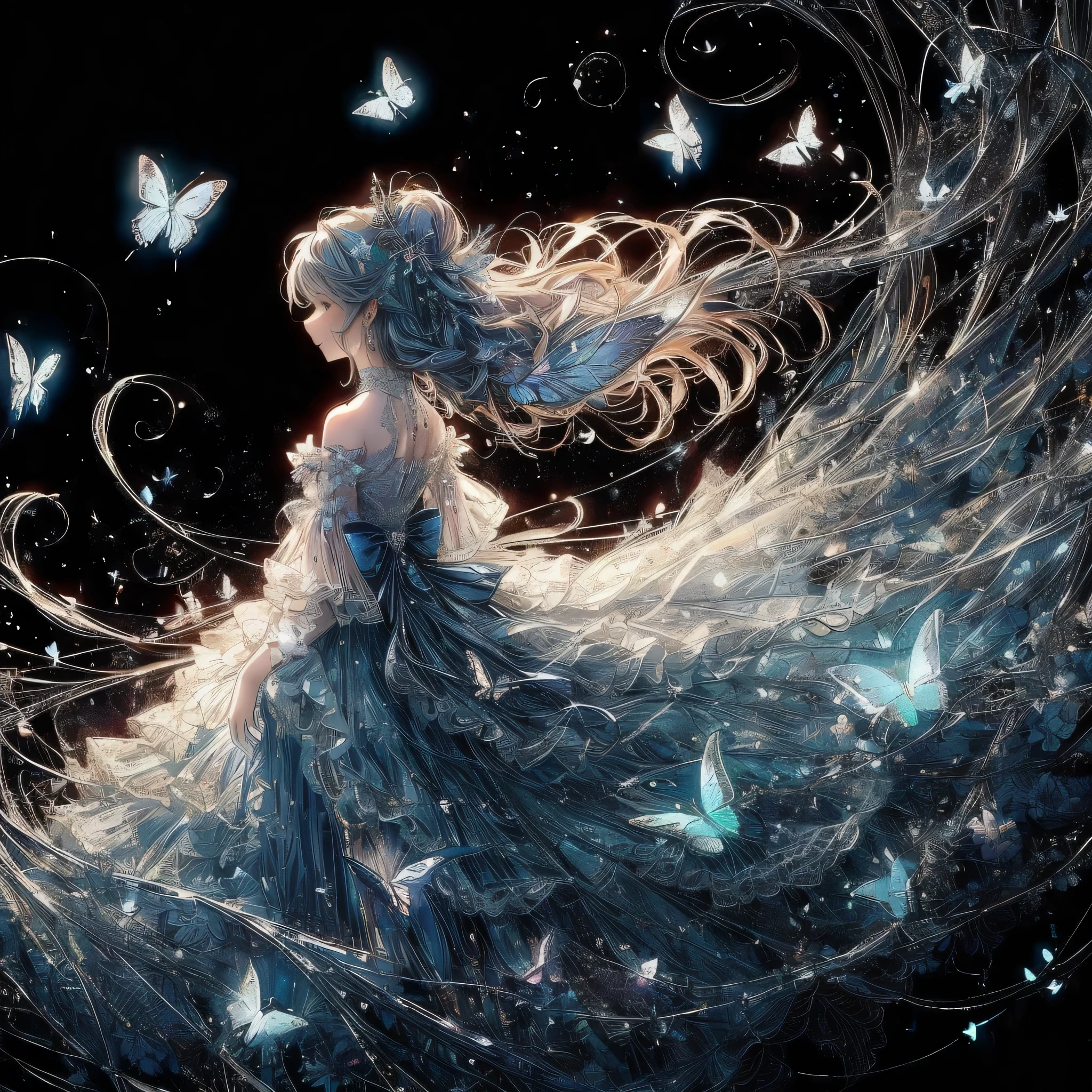 　 (exquisite, beautiful, very detailed, masterpiece, high quality, confused, High resolution, Full HD, 16k), (thin line: 1.2, soft lines:1.2, beautiful and delicate face),  (ESP capability),(The ends of her hair and dress turn into particles of light and dissolve into the air, and around them many small, beautiful, shining butterflies fly.,butterfly on your fingertips),(dark background),(It has butterfly-like fairy wings.),((dynamic angle,whole body visible,whole body)), (seriously), (medium hair:1.5), (tiara, earrings, beautiful choker), ((white gloves,Ball gown dress with fluffy shoulders in pastel colors:1.1, Balloon sleeves,Jewels and white lace and frills, Fairy wings from the back)), (Light pink blush, plump pink lips,big bust,Fair skin, good style), (Brilliant)