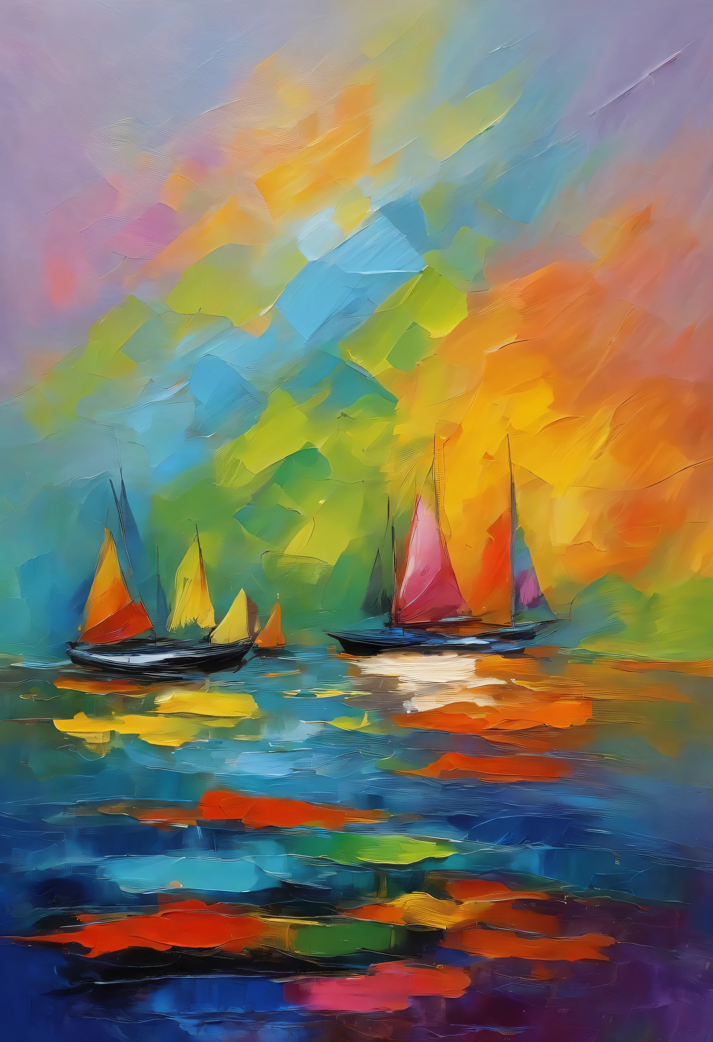 navio colorido, cores (azul, verde, amarelo, rosa, roxo, laranja, vermelho), no alto mar. (Leonardo da Vincistyle)