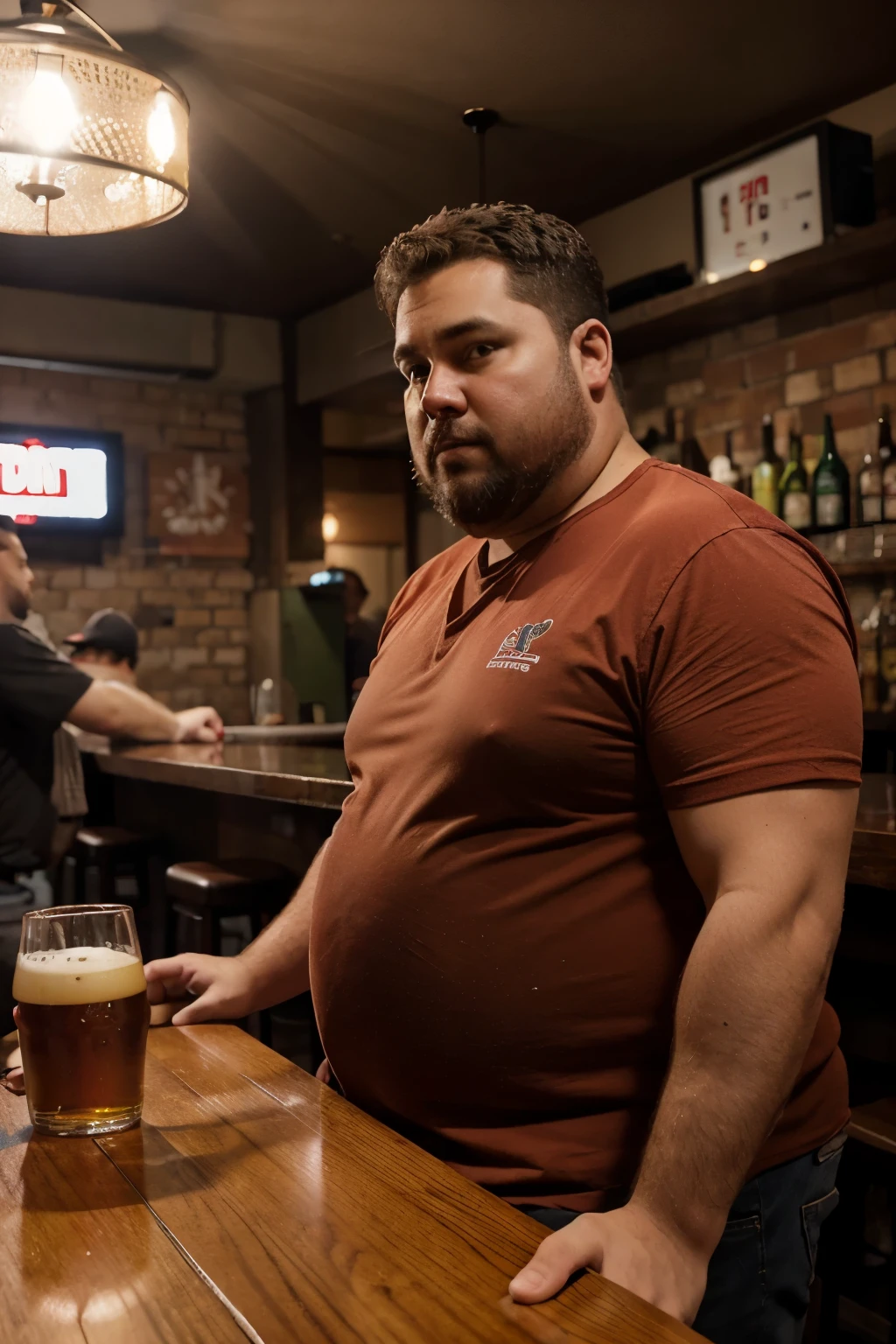 Description: Make a man with obesity
Features: Esse homem deve estar usando roupa vermelha.
Scenario: He must be inside a bar
Share: He's drinking quality beer: Foto ultra realista, qualidade 8k, fullhd