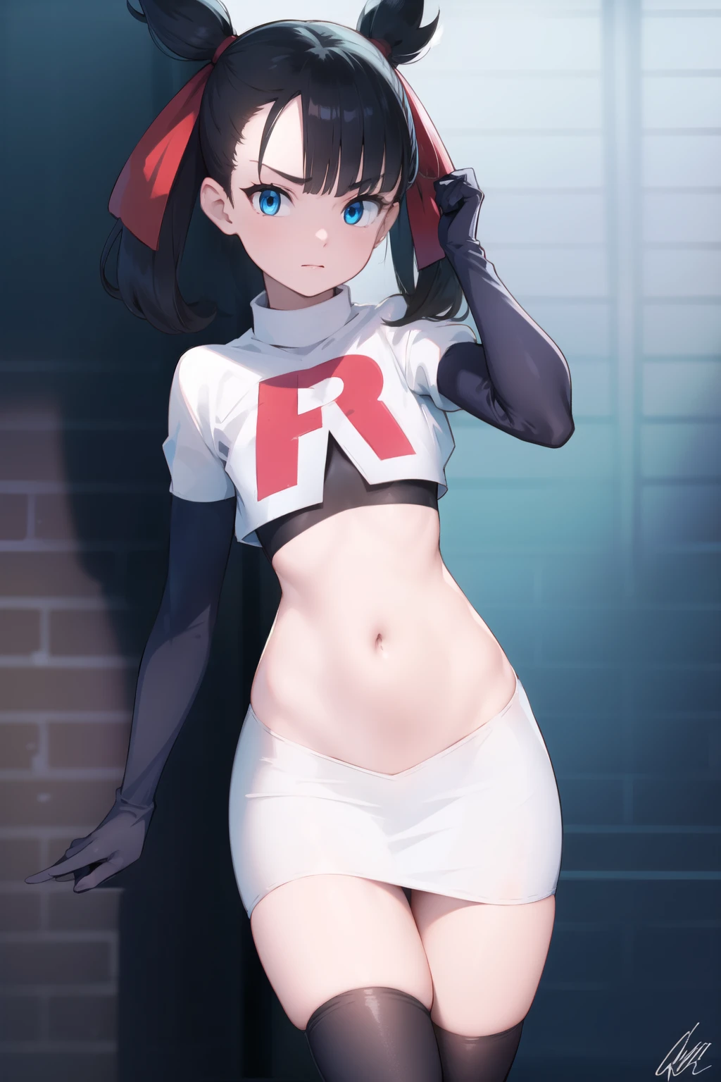 pokemonmarnie, pokemonmarnie, aqua eyes, asymmetrical bangs, asymmetrical hair, black hair, hair ribbon, long hair, red ribbon, ribbon, twintails, (small breasts:1.2),
BREAK earrings, jewelry, team rocket,team rocket uniform, red letter R, white skirt,white crop top,black thigh-highs,black elbow gloves
BREAK looking at viewer,
BREAK (masterpiece:1.2), best quality, high resolution, unity 8k wallpaper, (illustration:0.8), (beautiful detailed eyes:1.6), extremely detailed face, perfect lighting, extremely detailed CG, (perfect hands, perfect anatomy),