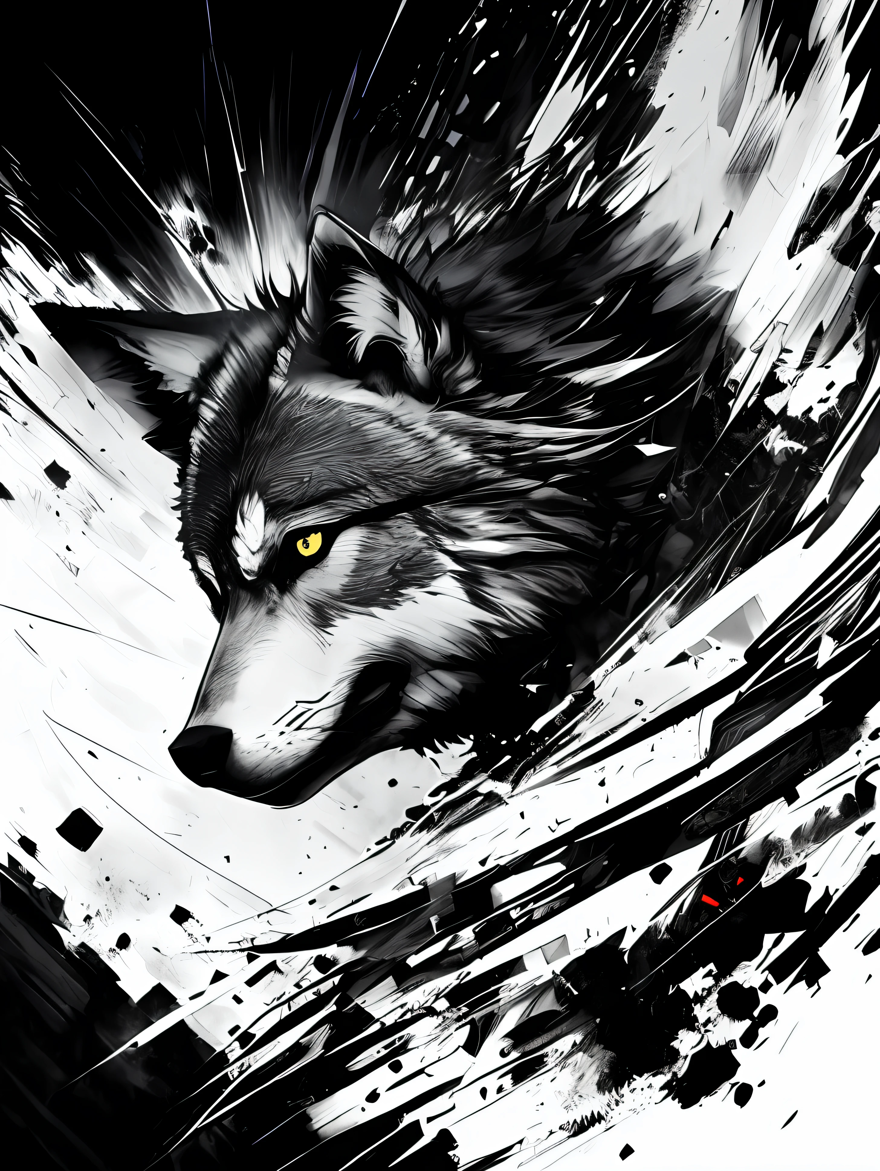 Wolf, Stil von Yoji Shinkawa, black and white, drucken, super detailliert