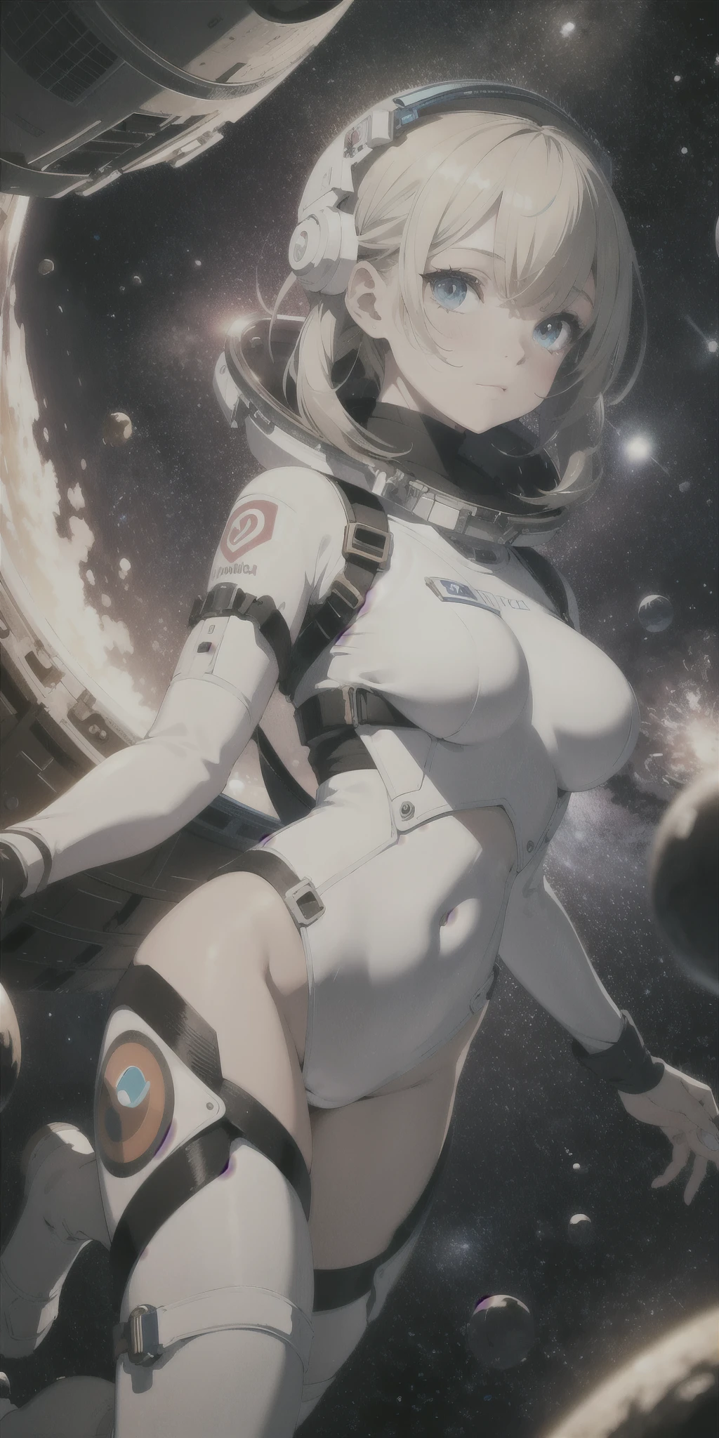 absurd res, high res, (masterpiece:1.4), ultra-detailed, 1girl, from above, space, floating, cute spacesuit, astronaut, ultra high detail eyes, big eyes, vivid eyes,