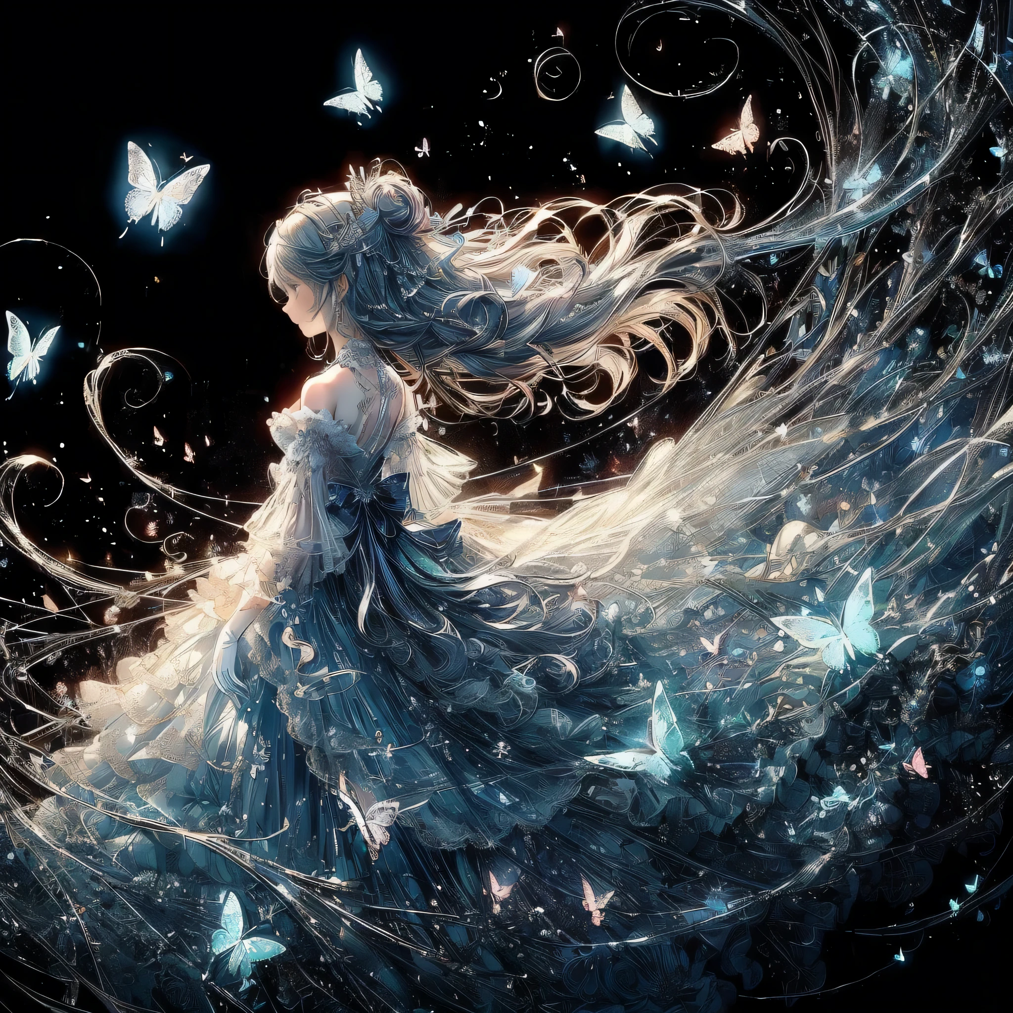 (exquisite, beautiful, very detailed, masterpiece, high quality, confused, High resolution, Full HD, 16k), (thin line: 1.2, soft lines:1.2, beautiful and delicate face), (ESP capability),(The ends of her hair and dress turn into particles of light and dissolve into the air, and around them many small, beautiful, shining butterflies fly.,butterfly on your fingertips),(dark background),(It has butterfly-like fairy wings.),((dynamic angle,whole body visible,whole body)), (seriously), (medium hair:1.5), (tiara, earrings, beautiful choker), ((white gloves,Ball gown dress with fluffy shoulders in pastel colors:1.1, Balloon sleeves,Jewels and white lace and frills, Fairy wings from the back)), (Light pink blush, plump pink lips,big bust,Fair skin, good style), (Brilliant)