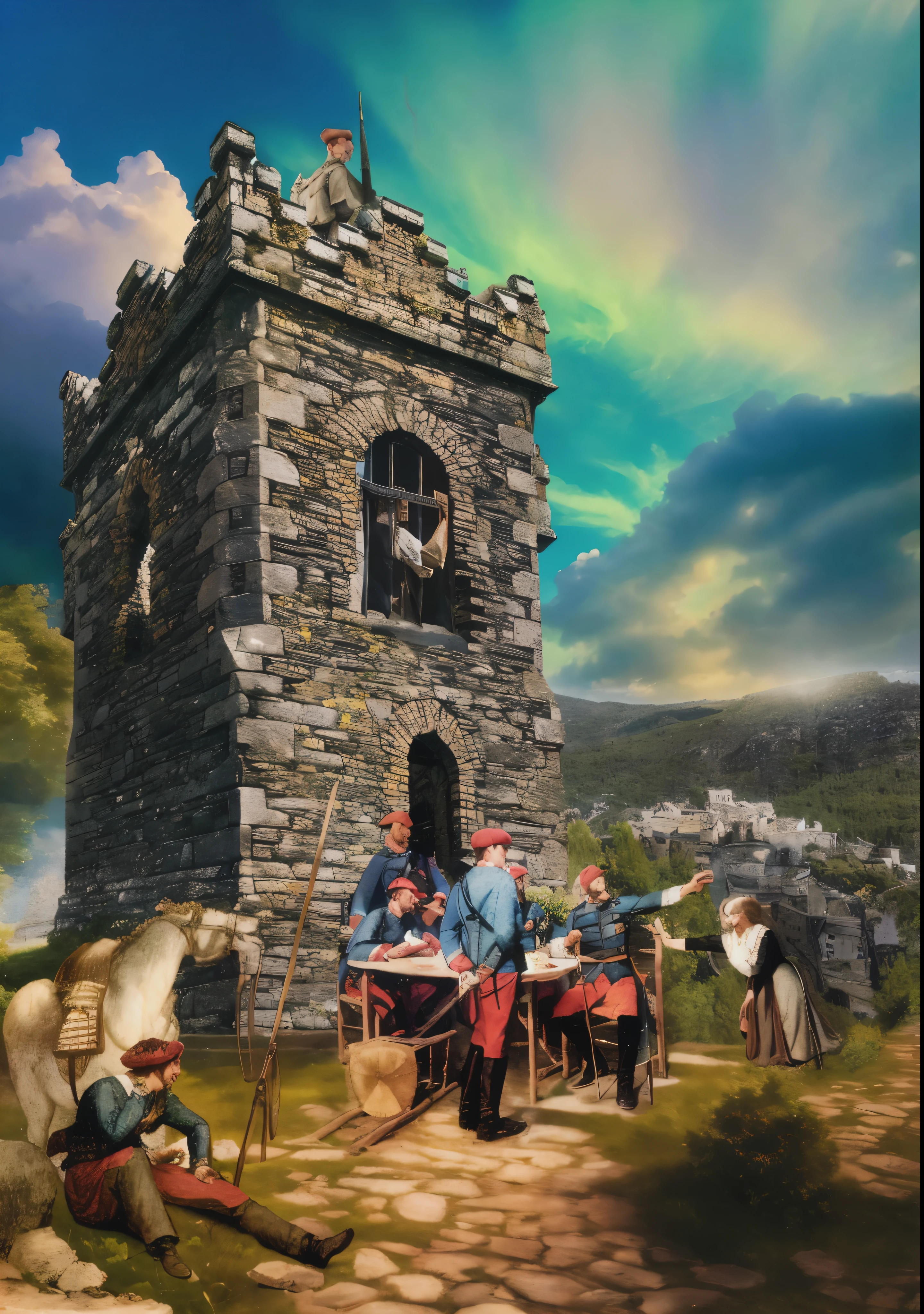 castle outdoor scene,medieval,elaborate architecture,stone walls,tall towers,beautifully carved details,lush green gardens,people sitting at a table,joyful atmosphere,laughter,conversation,happy faces,colorful clothes,serene countryside,blue sky,sunshine,(best quality,highres),vivid colors,soft lighting