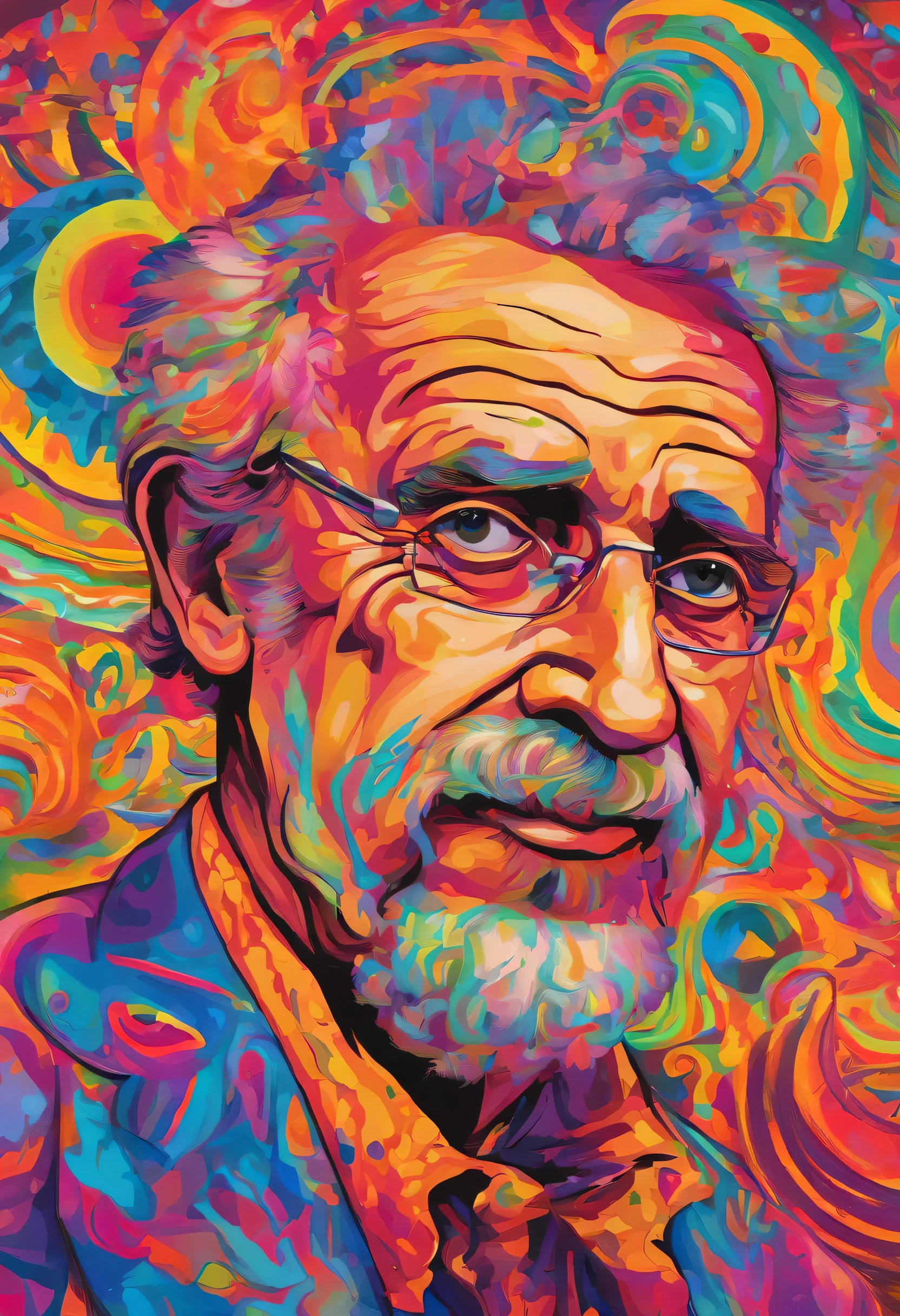 A portrait of an eccentric genius billionaire inventor, in his late 60s