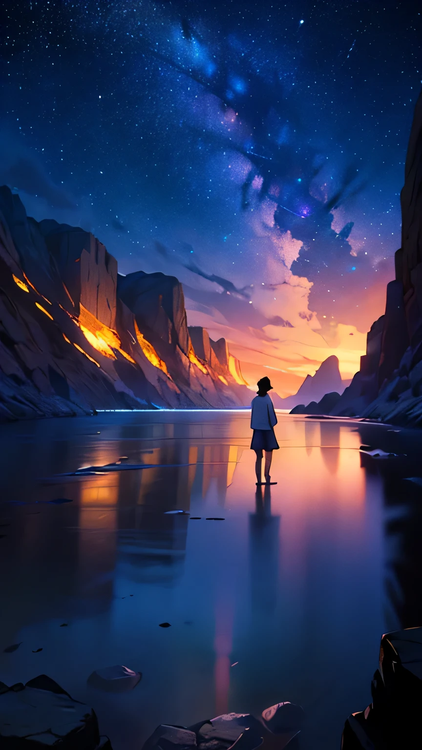 An exceptional storyboard in a comic strip format, bringing to life the journey of an anime college student gazing at the sea under a bright starry sky, mountain in background, shining Stars, with a touch of Pisif's concept-art. The lofi art style adds a unique charm, emphasizing reflection. The width of 672 pixels allows for intricate details, capturing the essence of Makoto Shinkai's style with enhanced detail., ultra wide shot, long shot, from back,