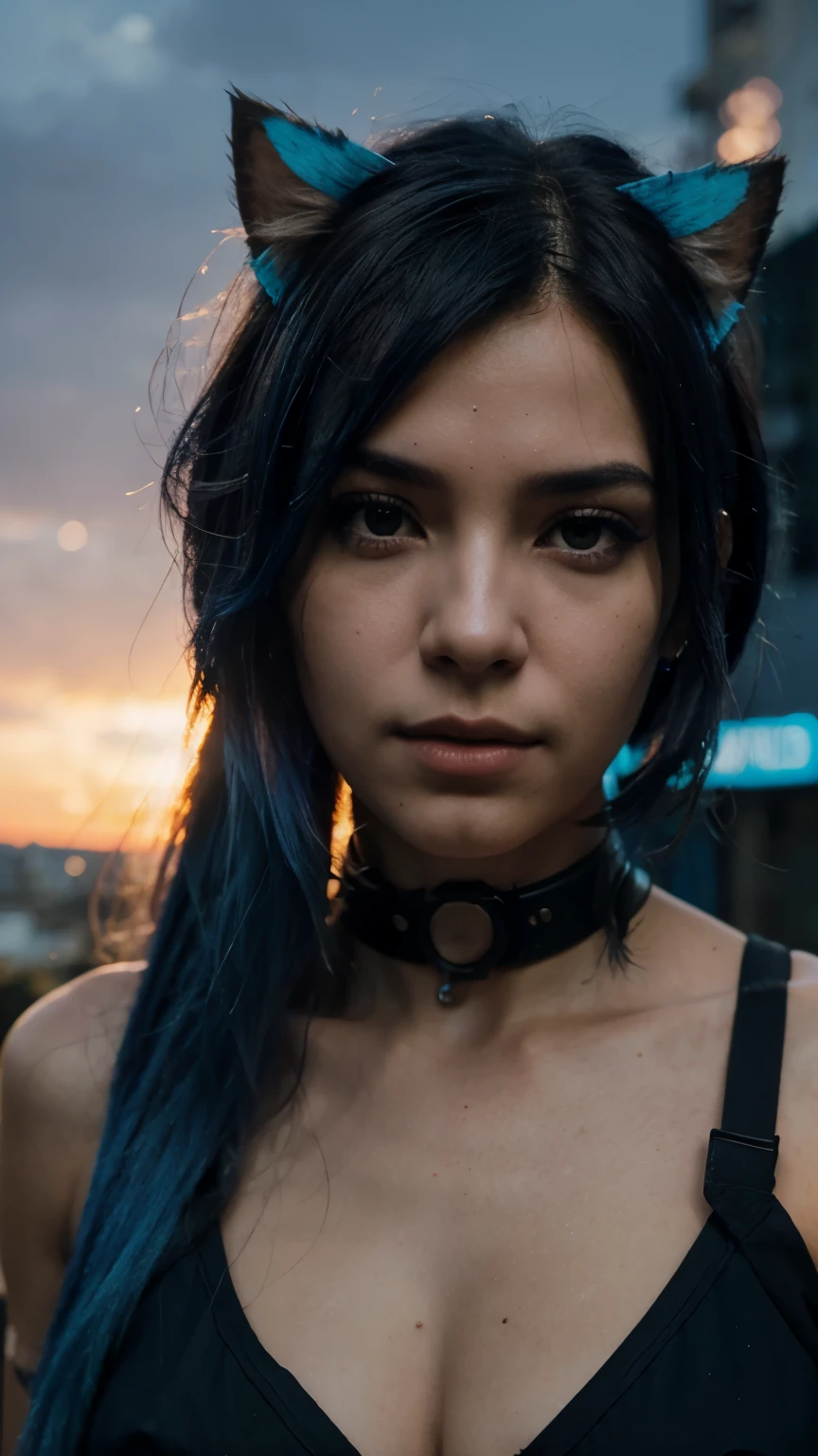 cyberpunk bonita ultra realista, cabelo curto azul, with cat backlight sunset hyper Depth of field realistic natural lights