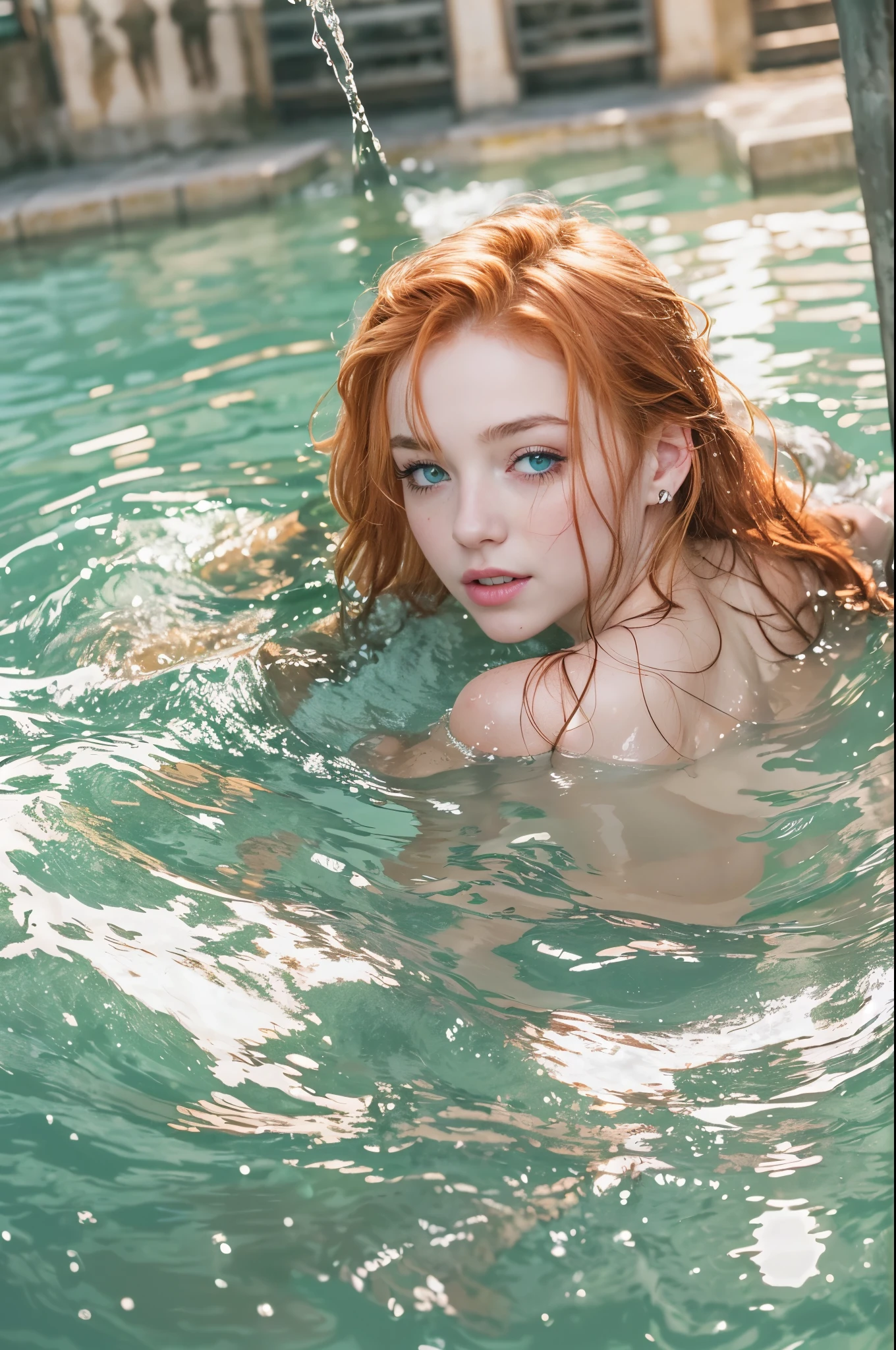 Beautiful sexy young ((12-year-old teen)) girl with small breasts, ((flat chest)), (freckles), colorful auburn hair, in the pool, blue eyes, topless, exposing white see-through swimsuit, public pool, showing small breasts, exposing genitals. (realistic), (high quality), (photograph), (detailed). ((showing small breasts)), ((revealing micro boobs)), ((exposing tiny tits)), ((showing genitals)), ((exposing crotch)), (((((topless)))))