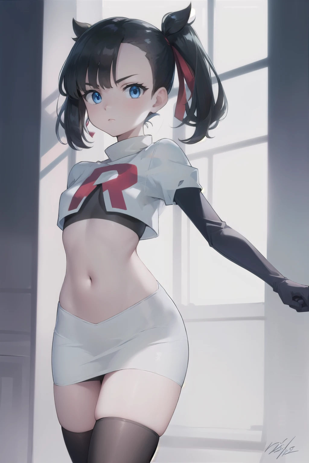 pokemonmarnie, pokemonmarnie, aqua eyes, asymmetrical bangs, asymmetrical hair, black hair, hair ribbon, long hair, red ribbon, ribbon, twintails, (small breasts:1.2),
BREAK earrings, jewelry, team rocket,team rocket uniform, red letter R, white skirt,white crop top,black thigh-highs,black elbow gloves
BREAK looking at viewer,
BREAK (masterpiece:1.2), best quality, high resolution, unity 8k wallpaper, (illustration:0.8), (beautiful detailed eyes:1.6), extremely detailed face, perfect lighting, extremely detailed CG, (perfect hands, perfect anatomy),