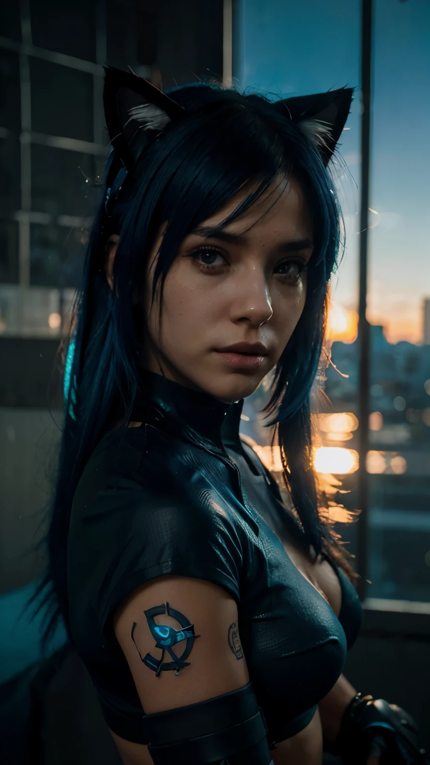 The badass cyberpunk dystopian 3098 apocalypse warrior, dystopian apocalypse ,mature woman, strong body, (red eyes), dark blue hair,((beautiful hard breast)), battle scar's, neon shadows,, dark horror gloomy weather, demons hunter,,(Solo leveling),,,tattoos,(massive perfect snoopy breast:1.0), massive perfect breast,,(muscular body:0.7), undercut hairstyles,,shot hair, (naked breast), (realistic skin texture:1.2),4k, (cinematic photography:1.0),,(head and breast closeup)